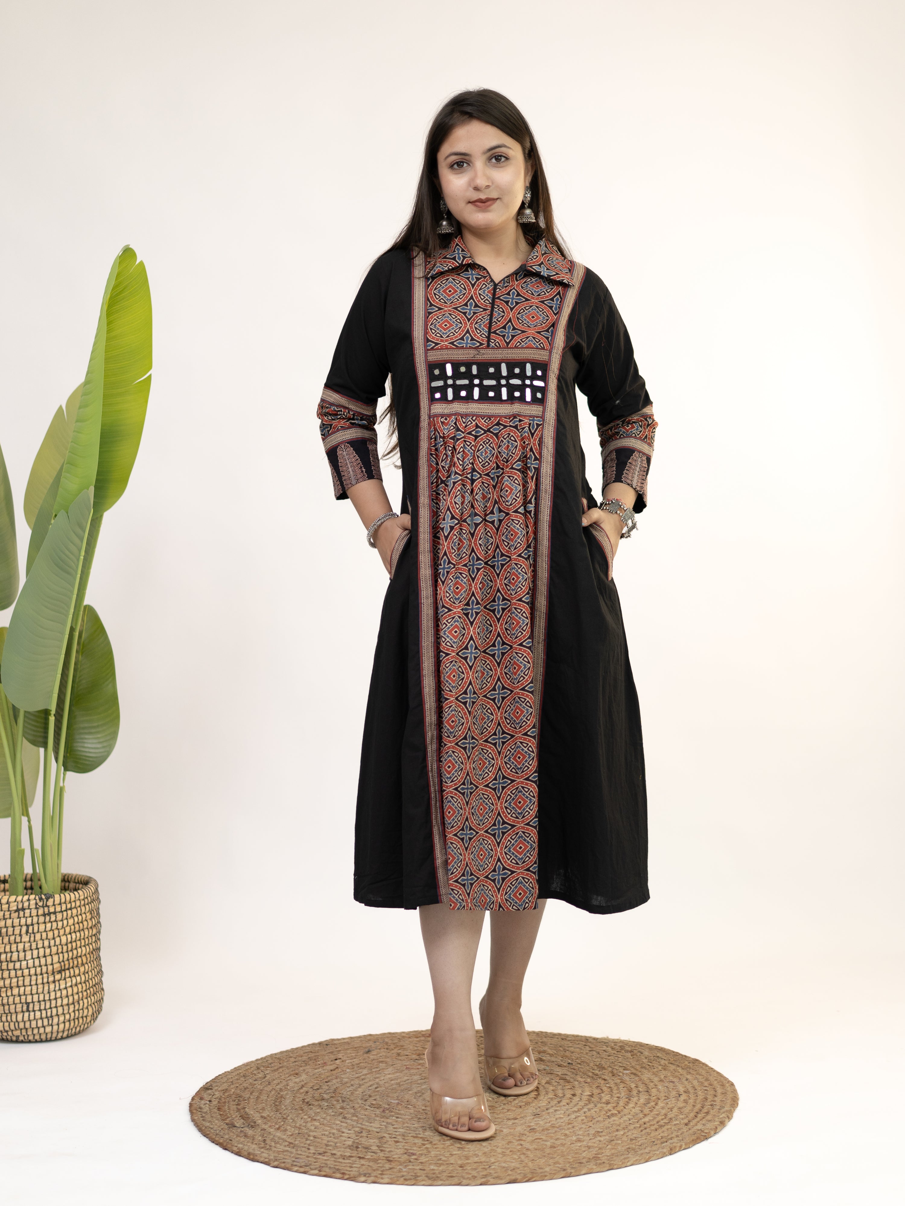Diyara Black Cotton Ajrakh Kutch Embroidered A-line Kurta