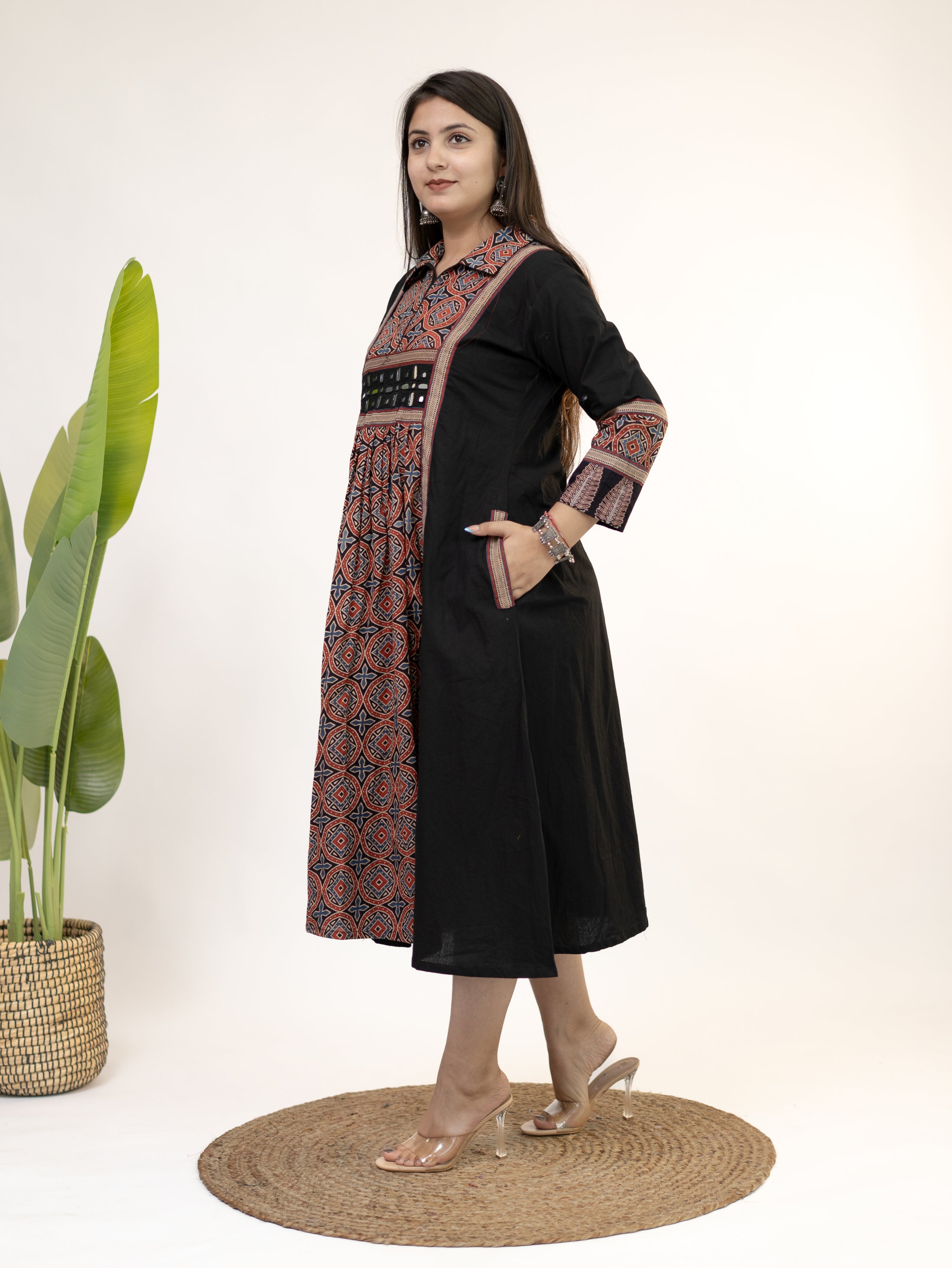 Diyara Black Cotton Ajrakh Kutch Embroidered A-line Kurta