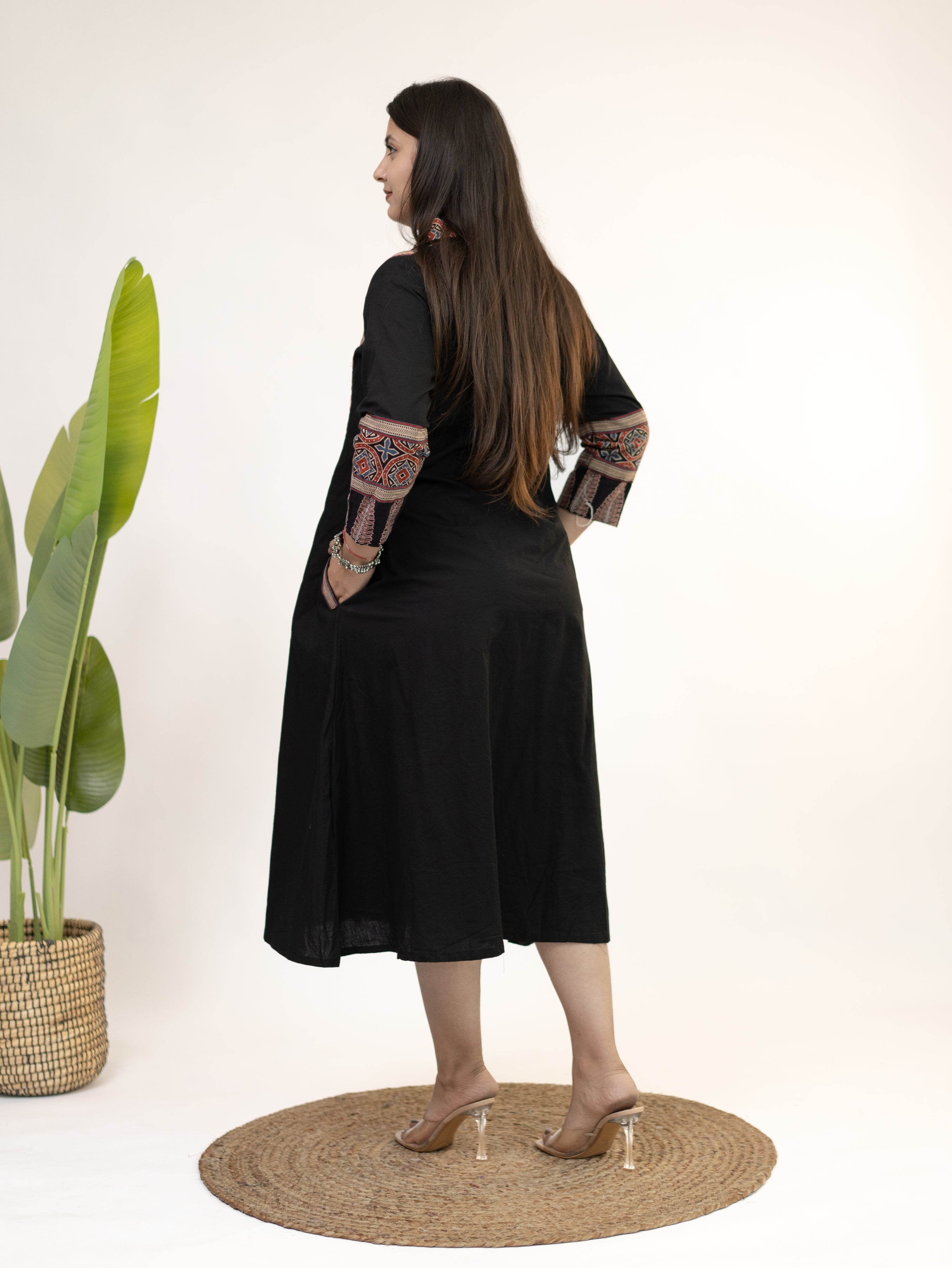 Diyara Black Cotton Ajrakh Kutch Embroidered A-line Kurta