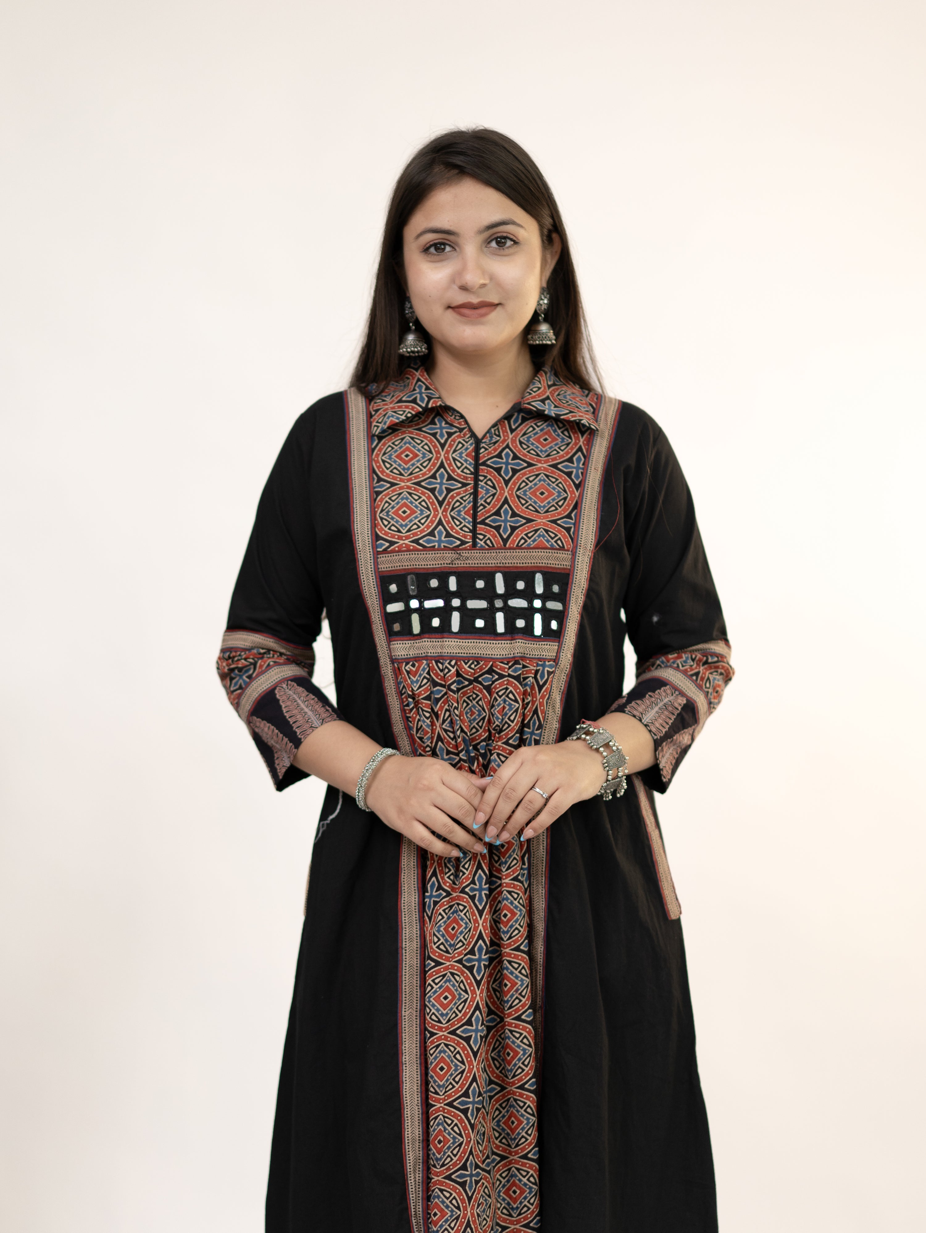Diyara Black Cotton Ajrakh Kutch Embroidered A-line Kurta