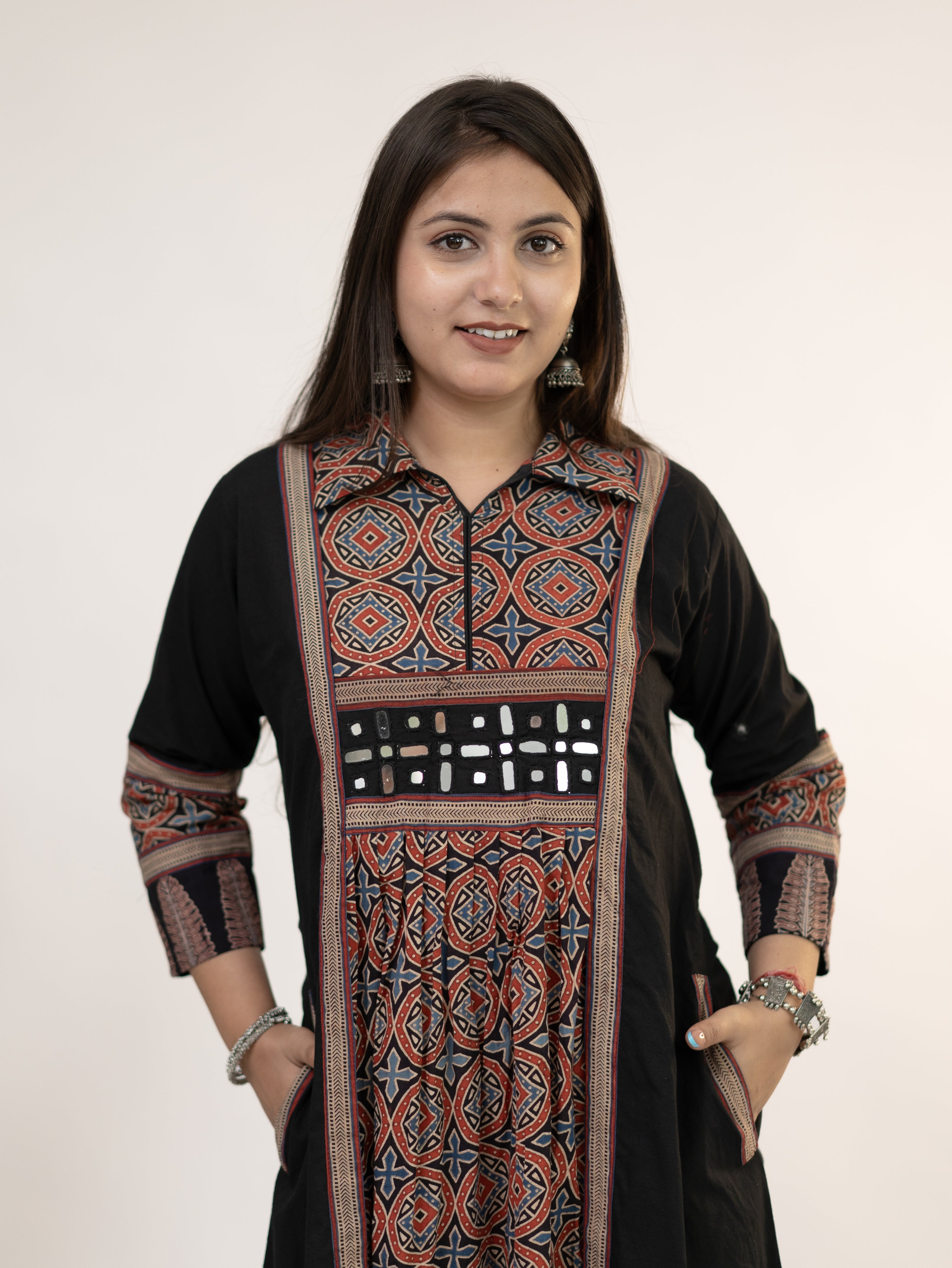 Diyara Black Cotton Ajrakh Kutch Embroidered A-line Kurta