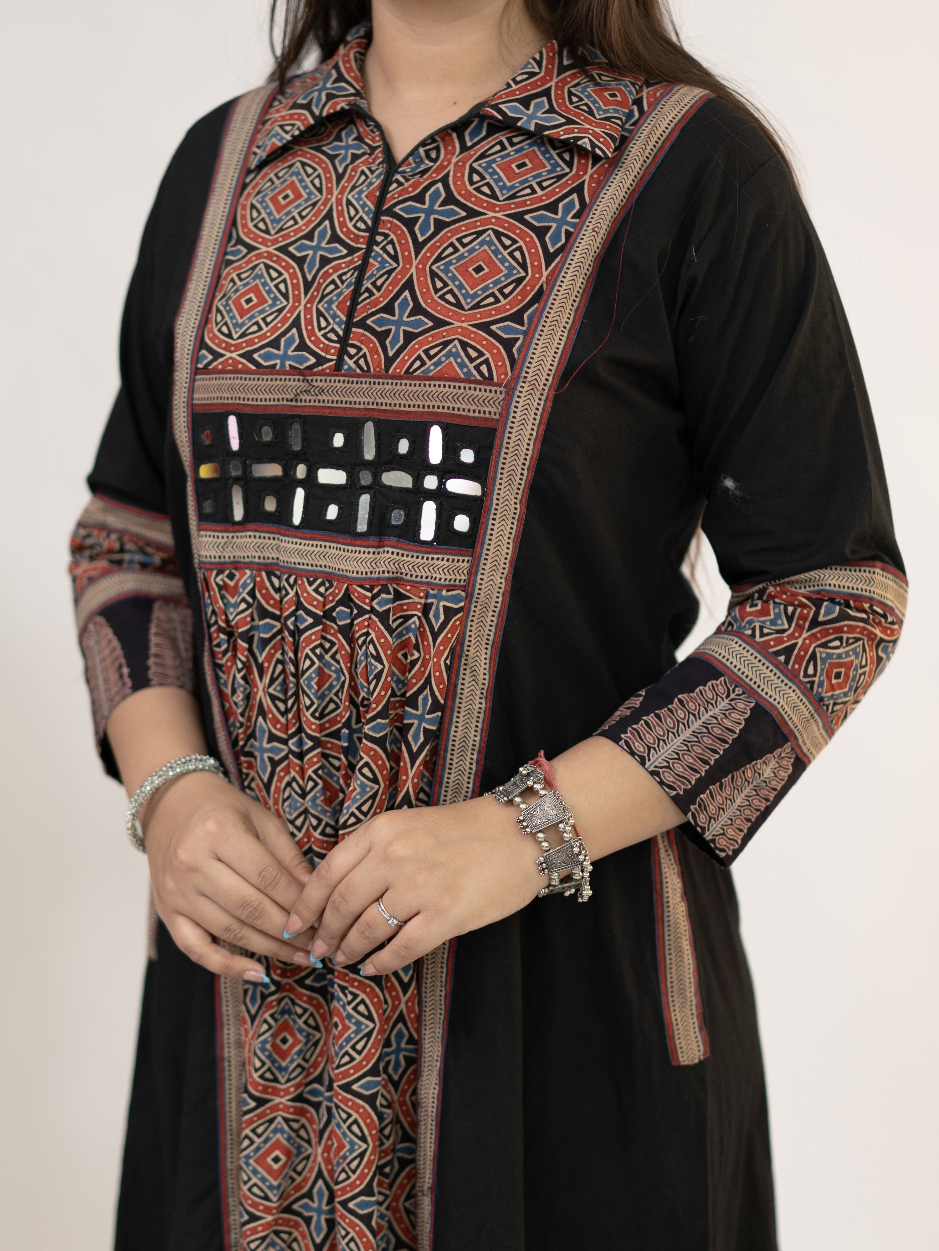 Diyara Black Cotton Ajrakh Kutch Embroidered A-line Kurta