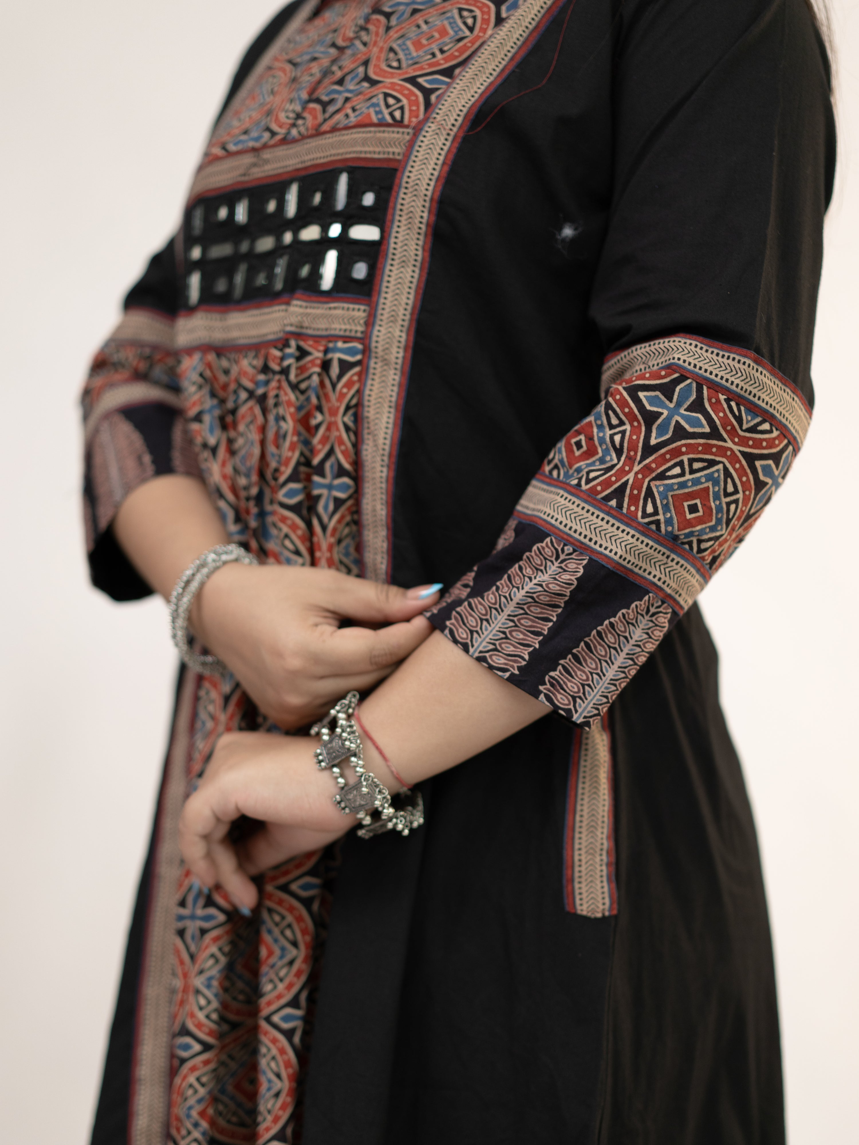 Diyara Black Cotton Ajrakh Kutch Embroidered A-line Kurta
