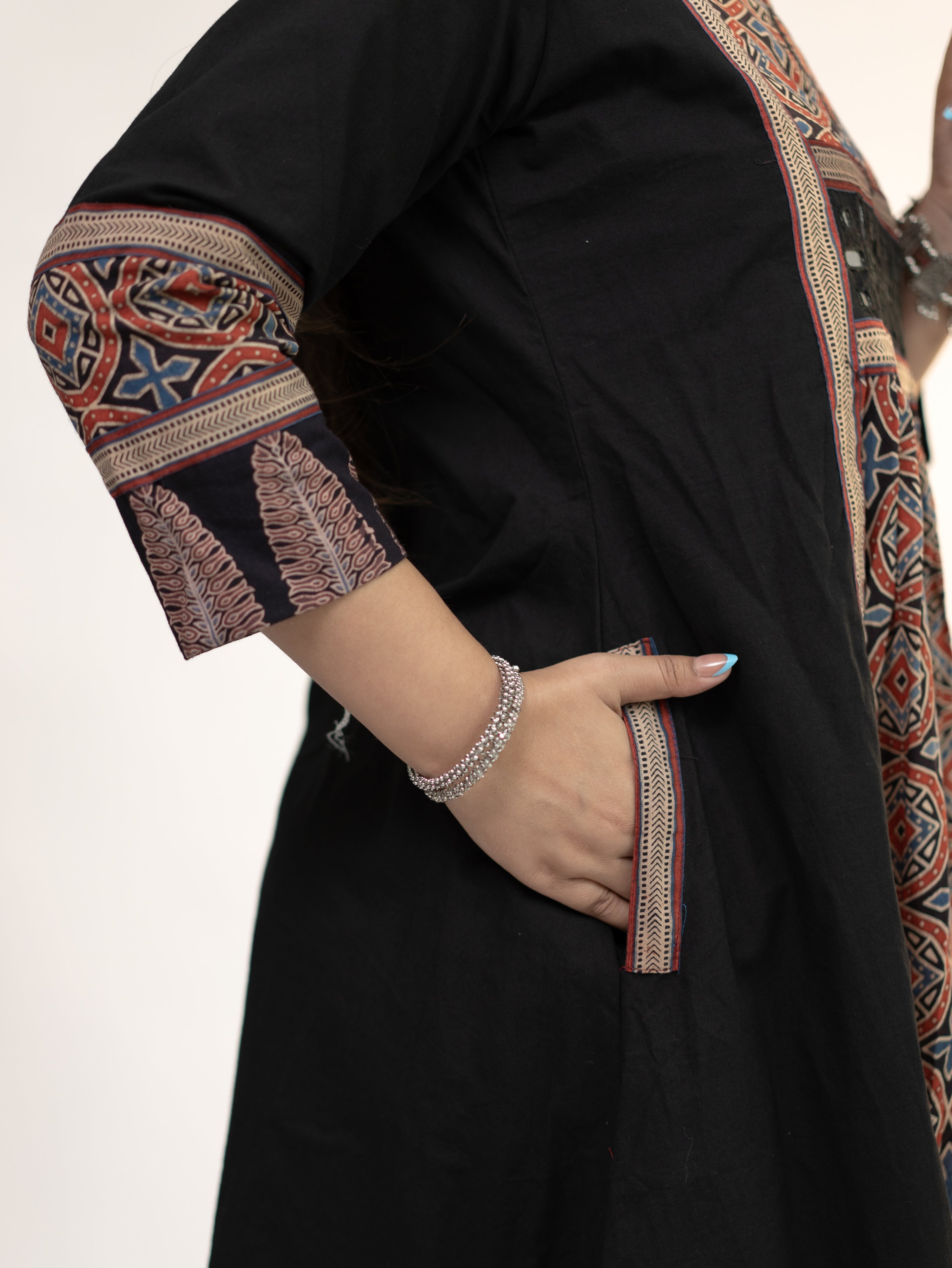 Diyara Black Cotton Ajrakh Kutch Embroidered A-line Kurta