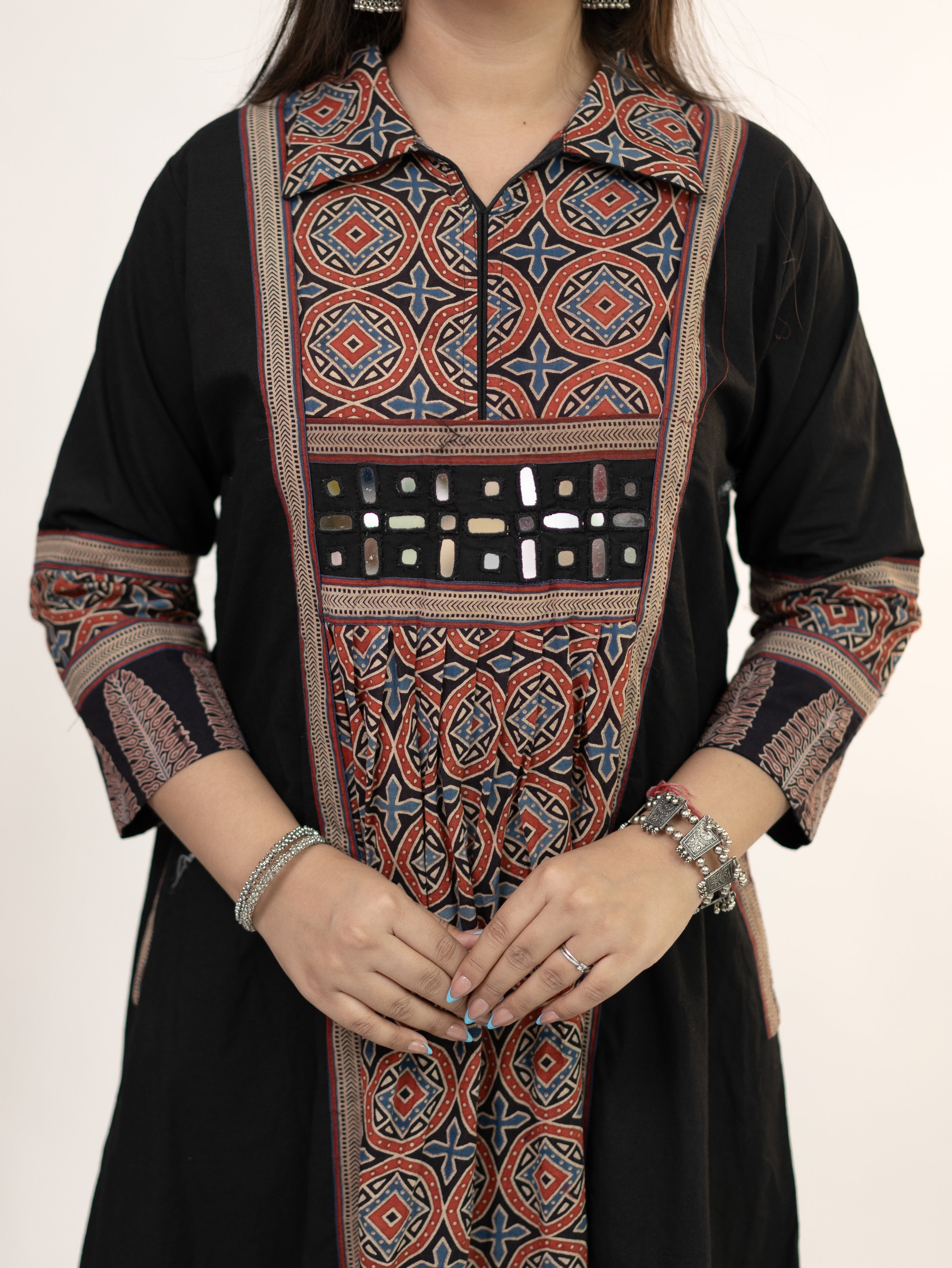 Diyara Black Cotton Ajrakh Kutch Embroidered A-line Kurta