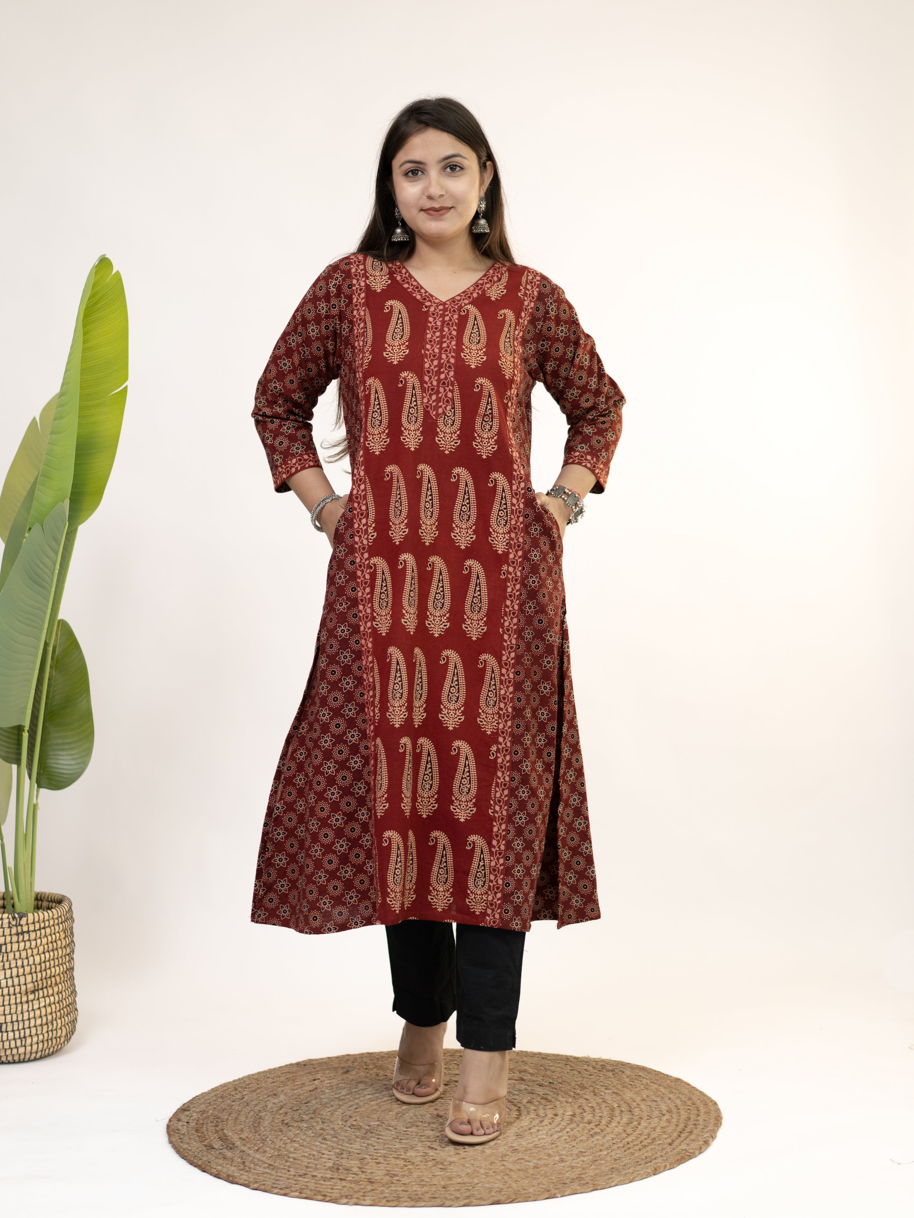 Keya Red Cotton Ajrakh Casual A-line Kurta
