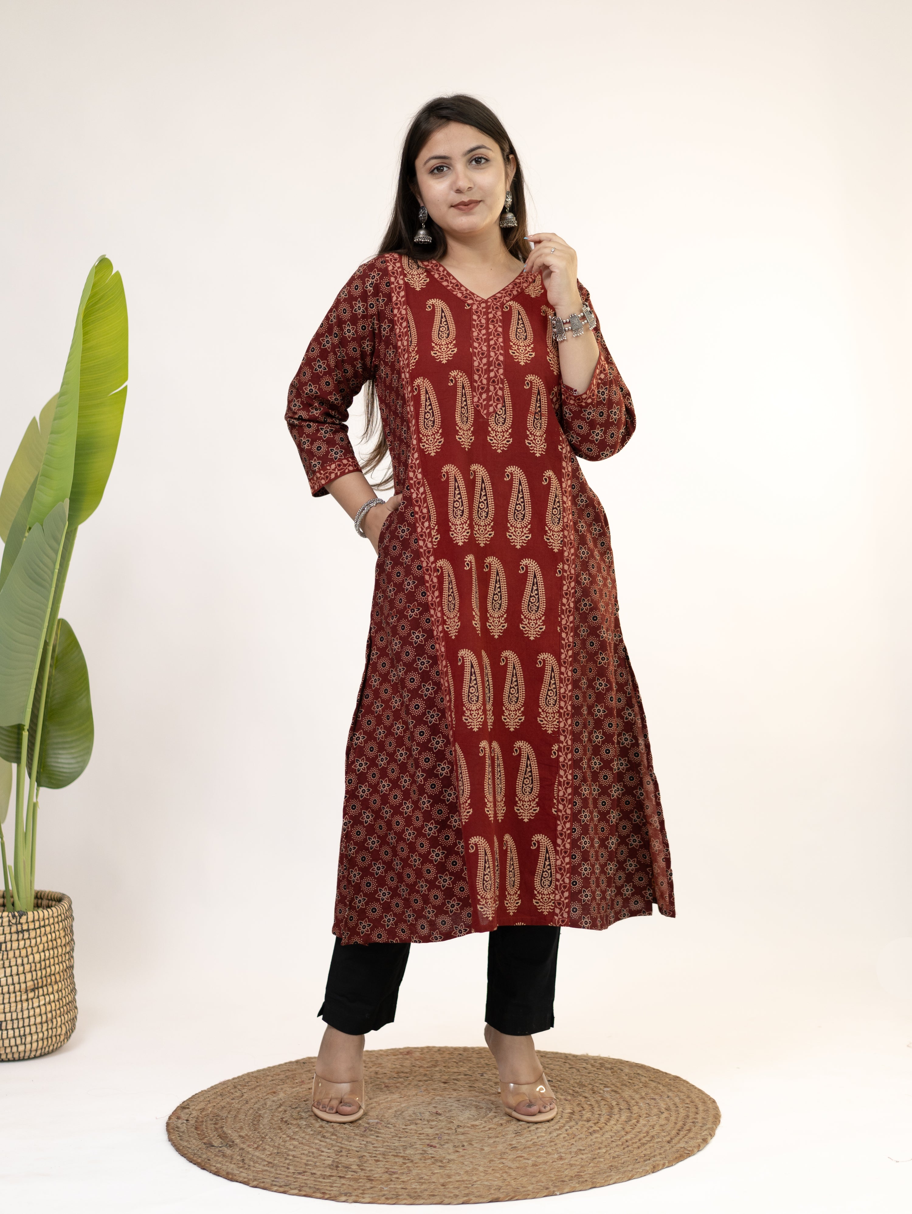 Keya Red Cotton Ajrakh Casual A-line Kurta