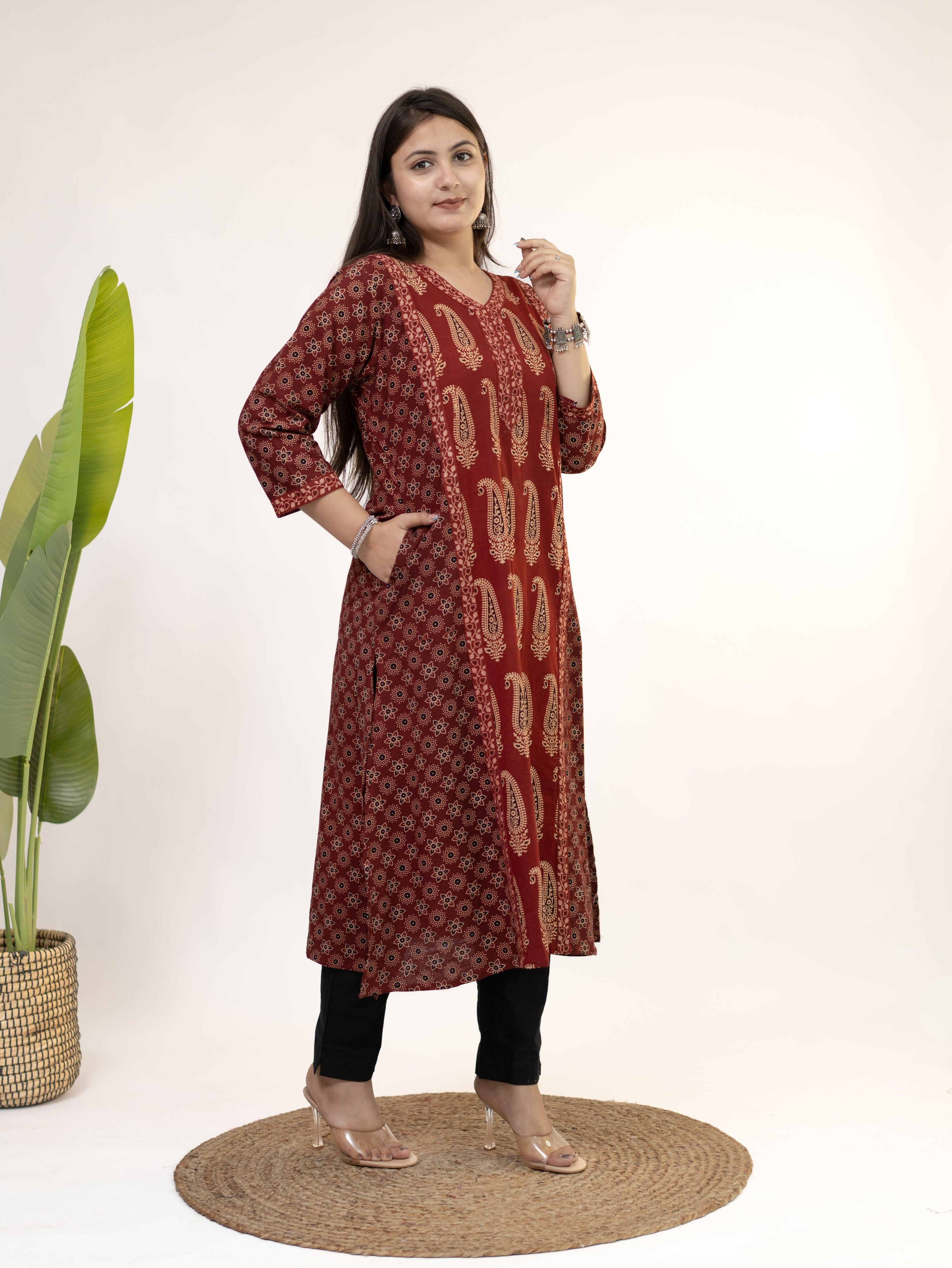 Keya Red Cotton Ajrakh Casual A-line Kurta