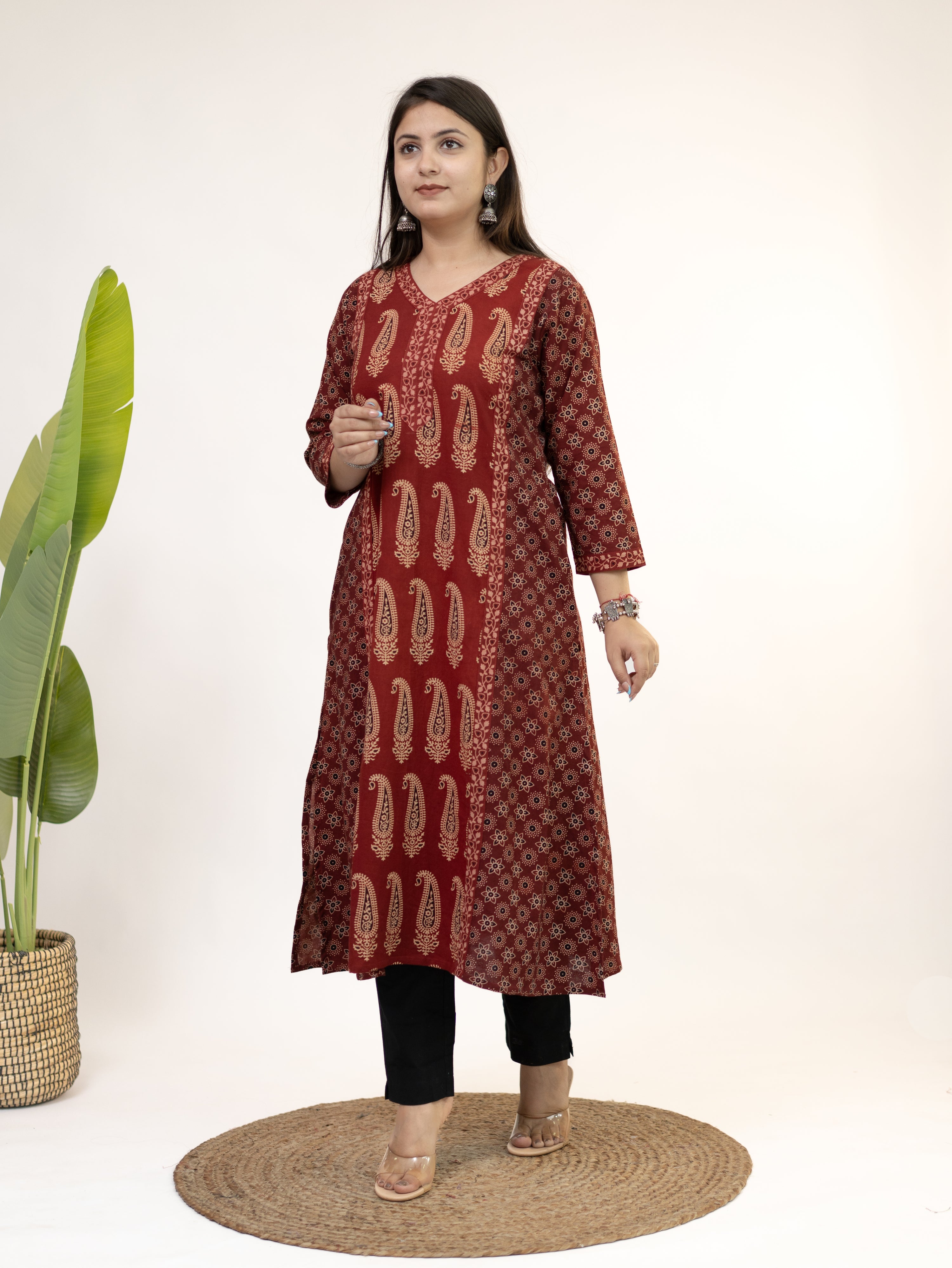 Keya Red Cotton Ajrakh Casual A-line Kurta