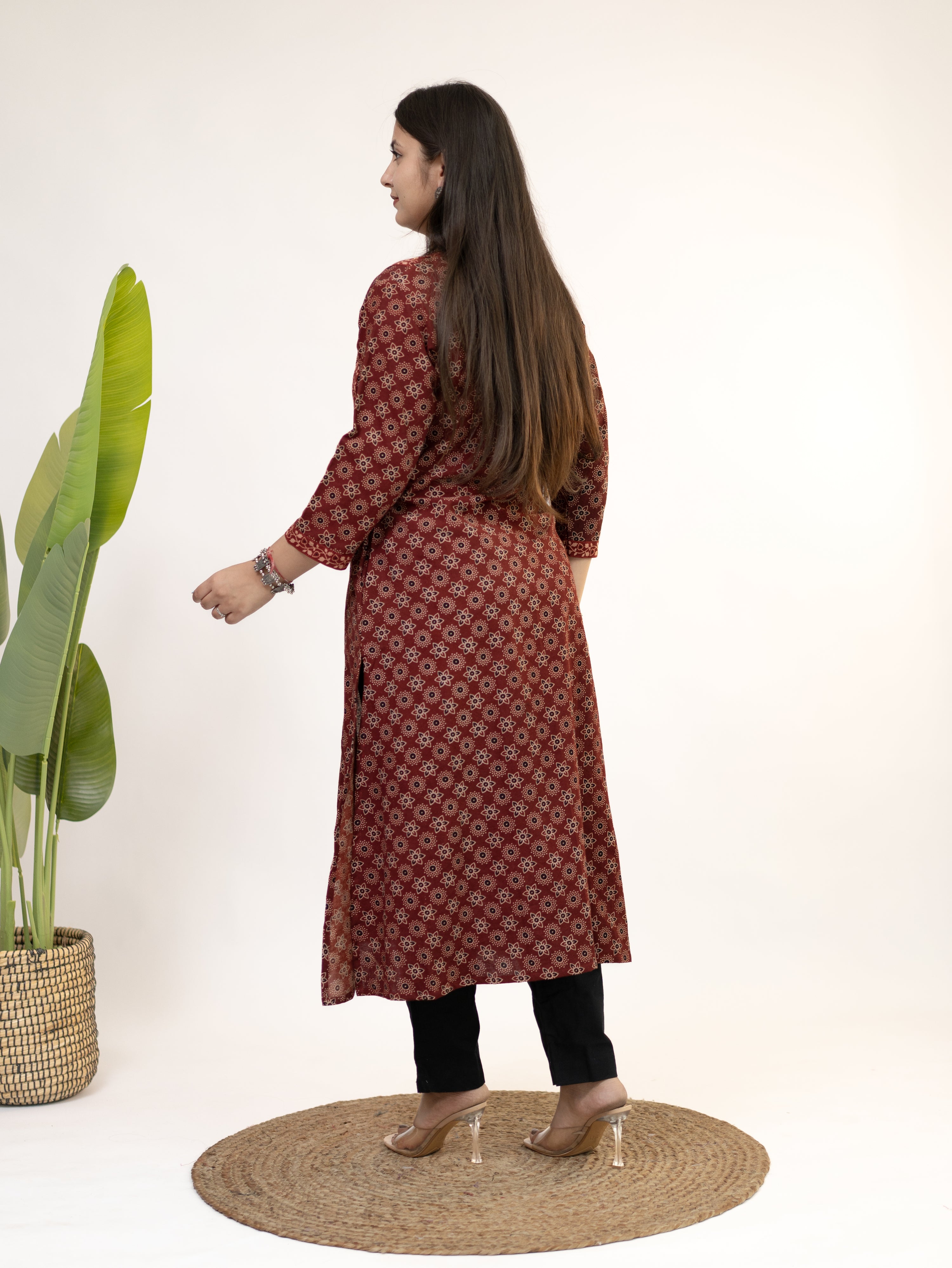 Keya Red Cotton Ajrakh Casual A-line Kurta