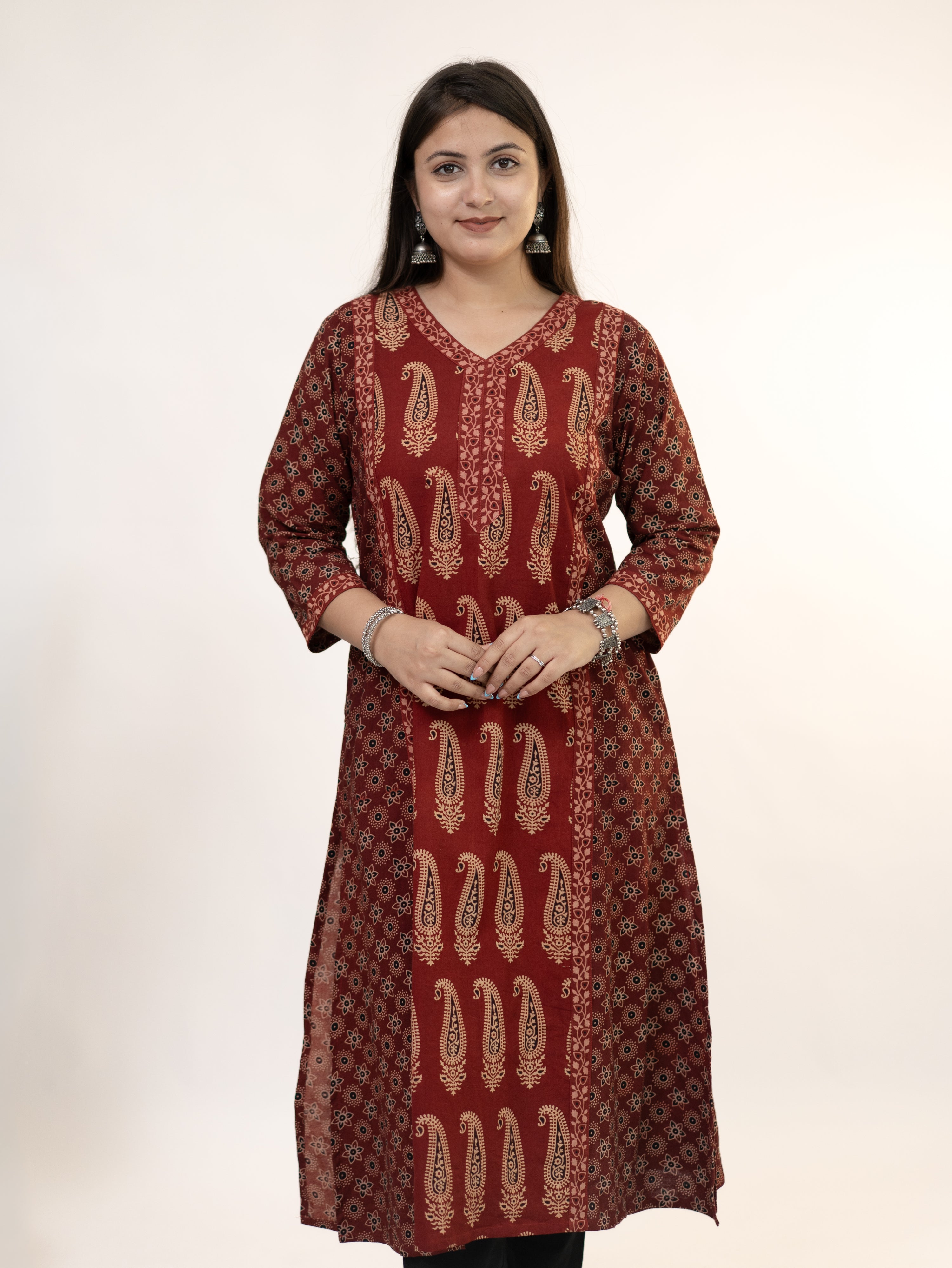 Keya Red Cotton Ajrakh Casual A-line Kurta