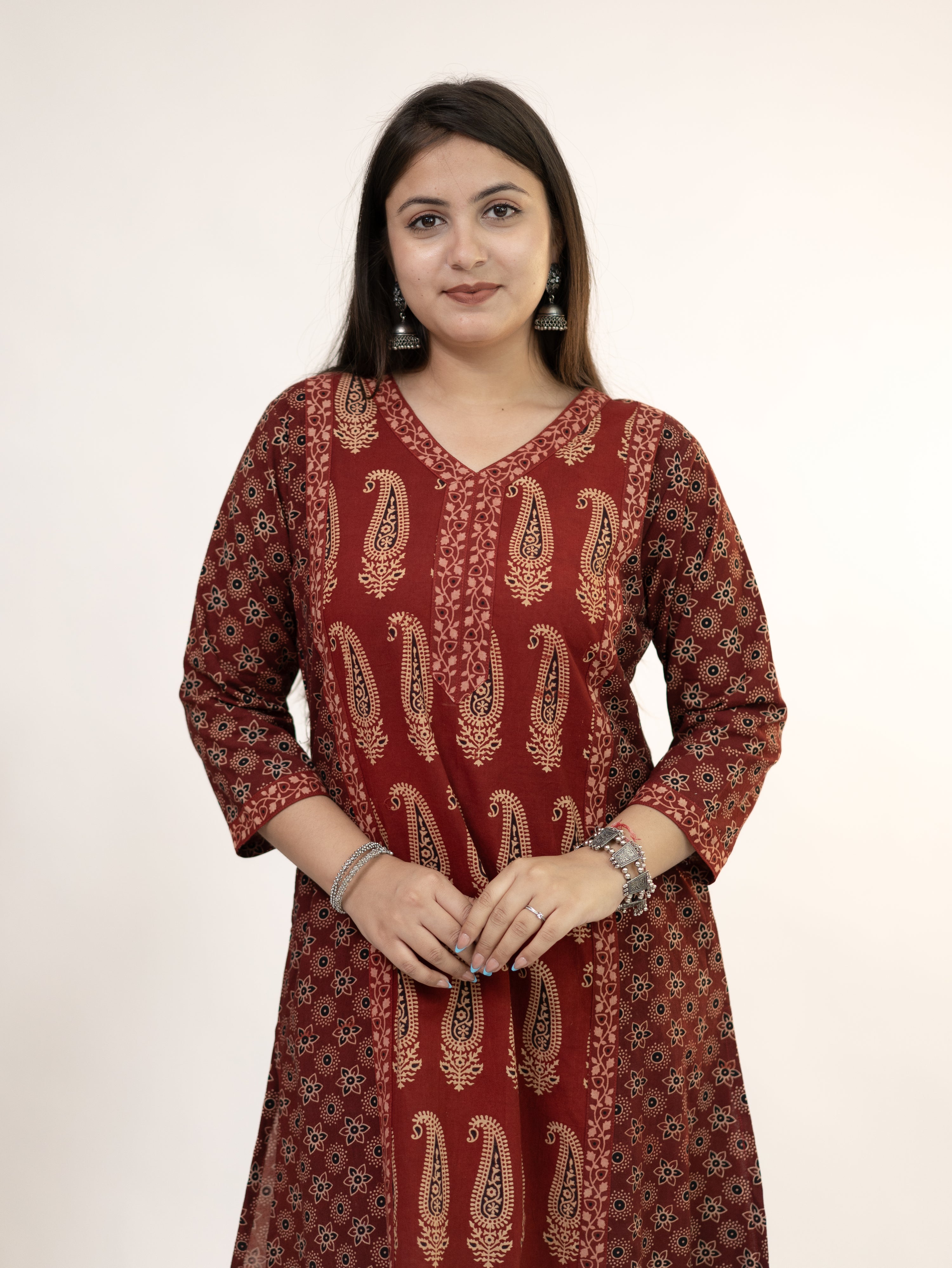Keya Red Cotton Ajrakh Casual A-line Kurta