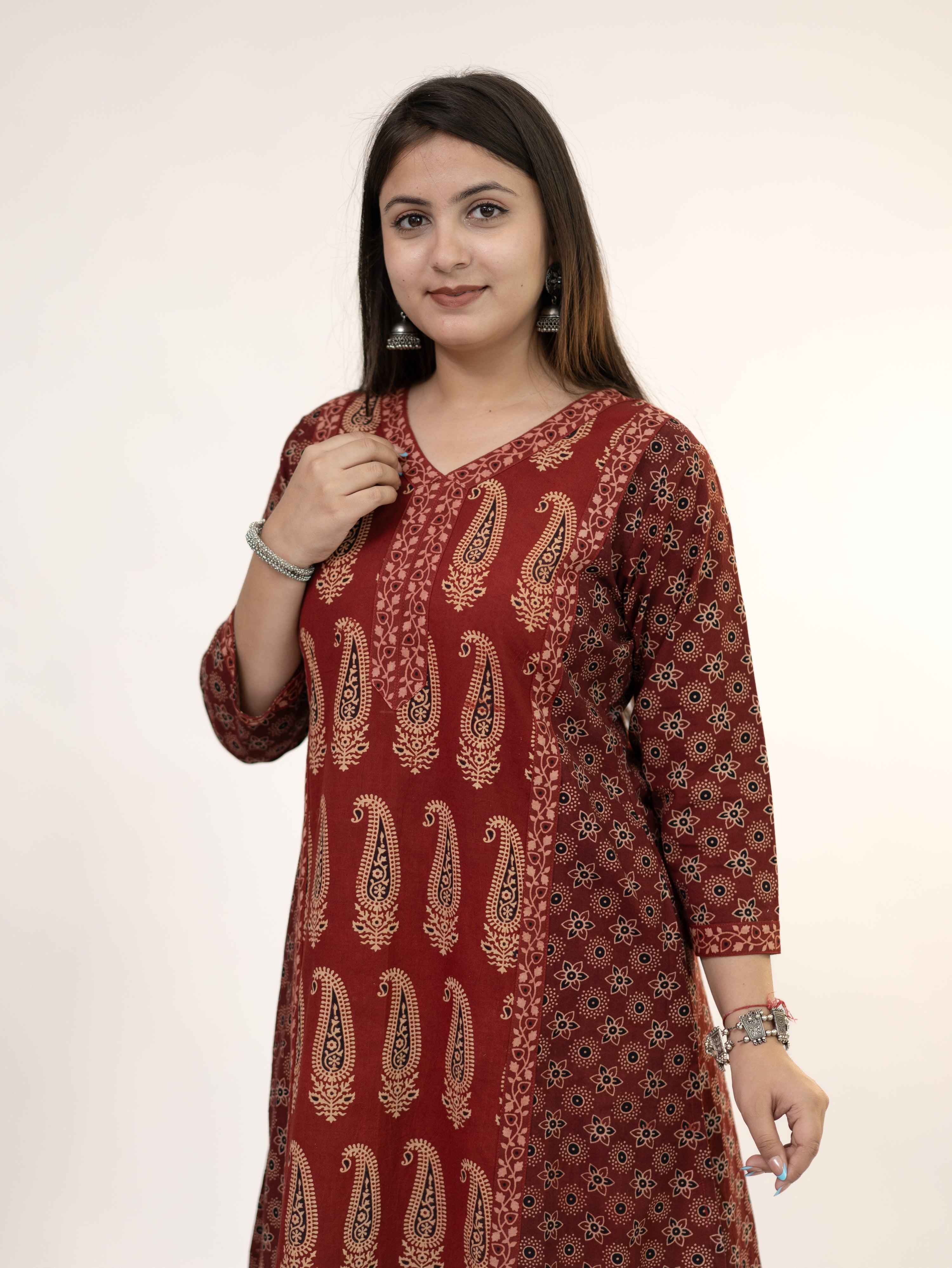 Keya Red Cotton Ajrakh Casual A-line Kurta