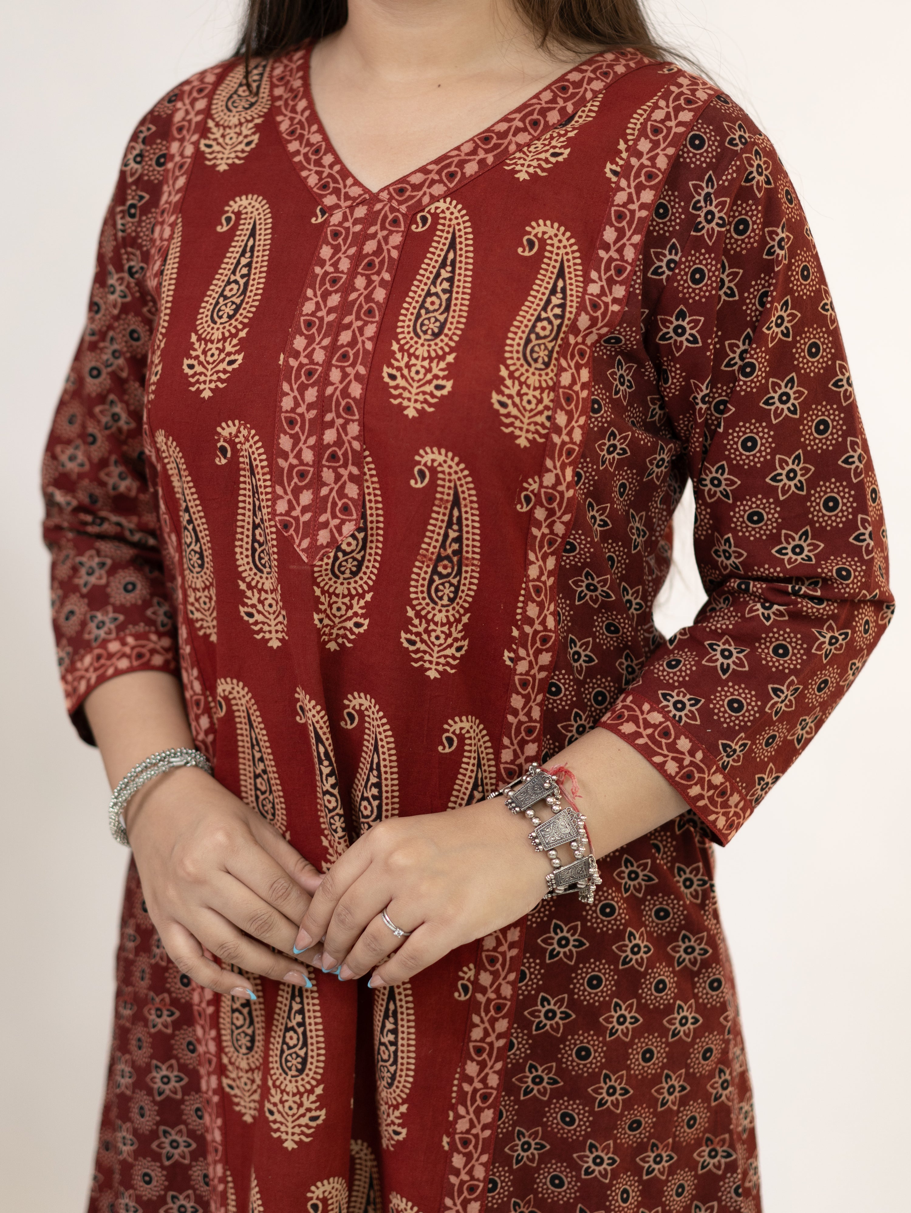 Keya Red Cotton Ajrakh Casual A-line Kurta
