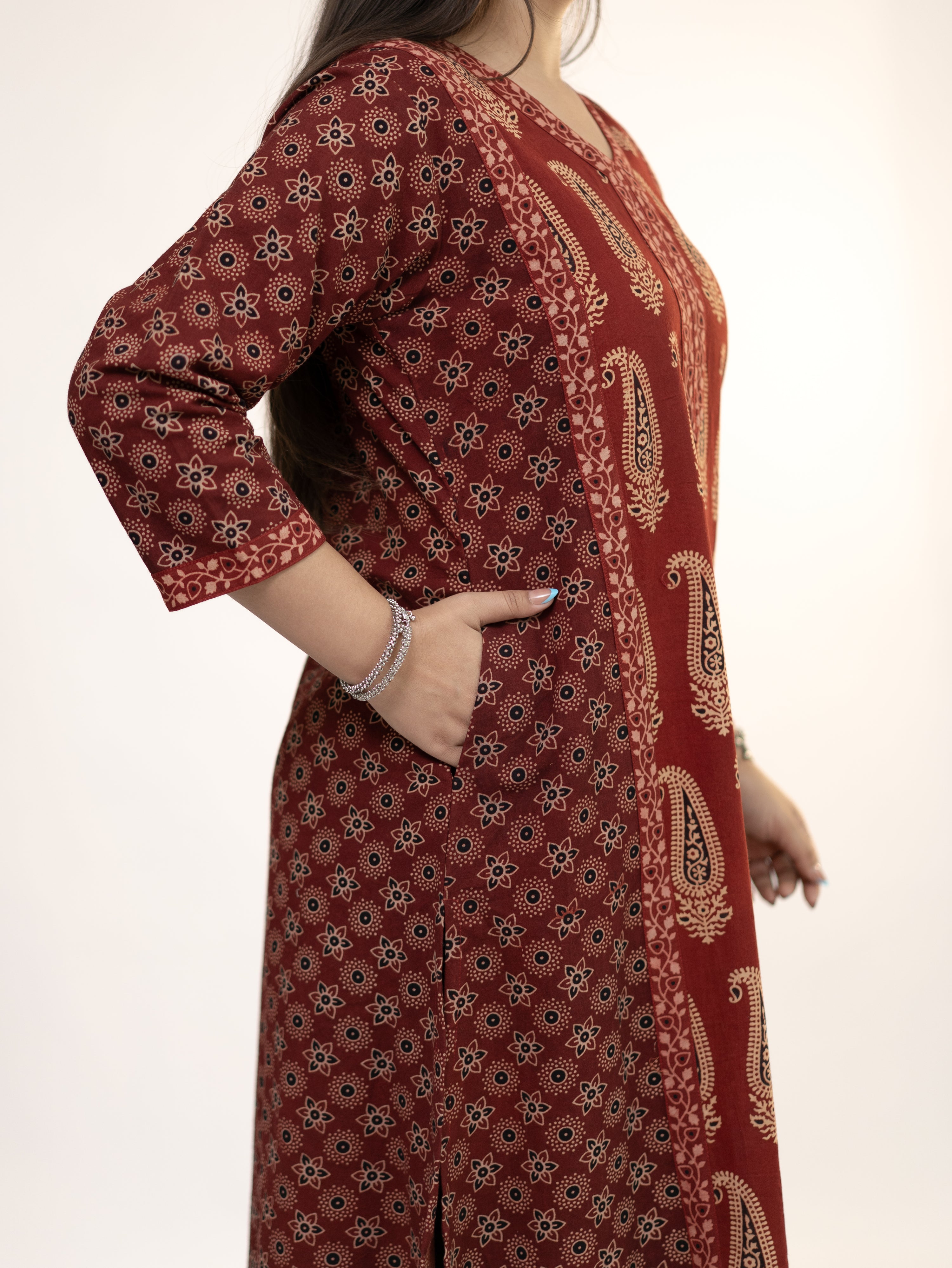 Keya Red Cotton Ajrakh Casual A-line Kurta