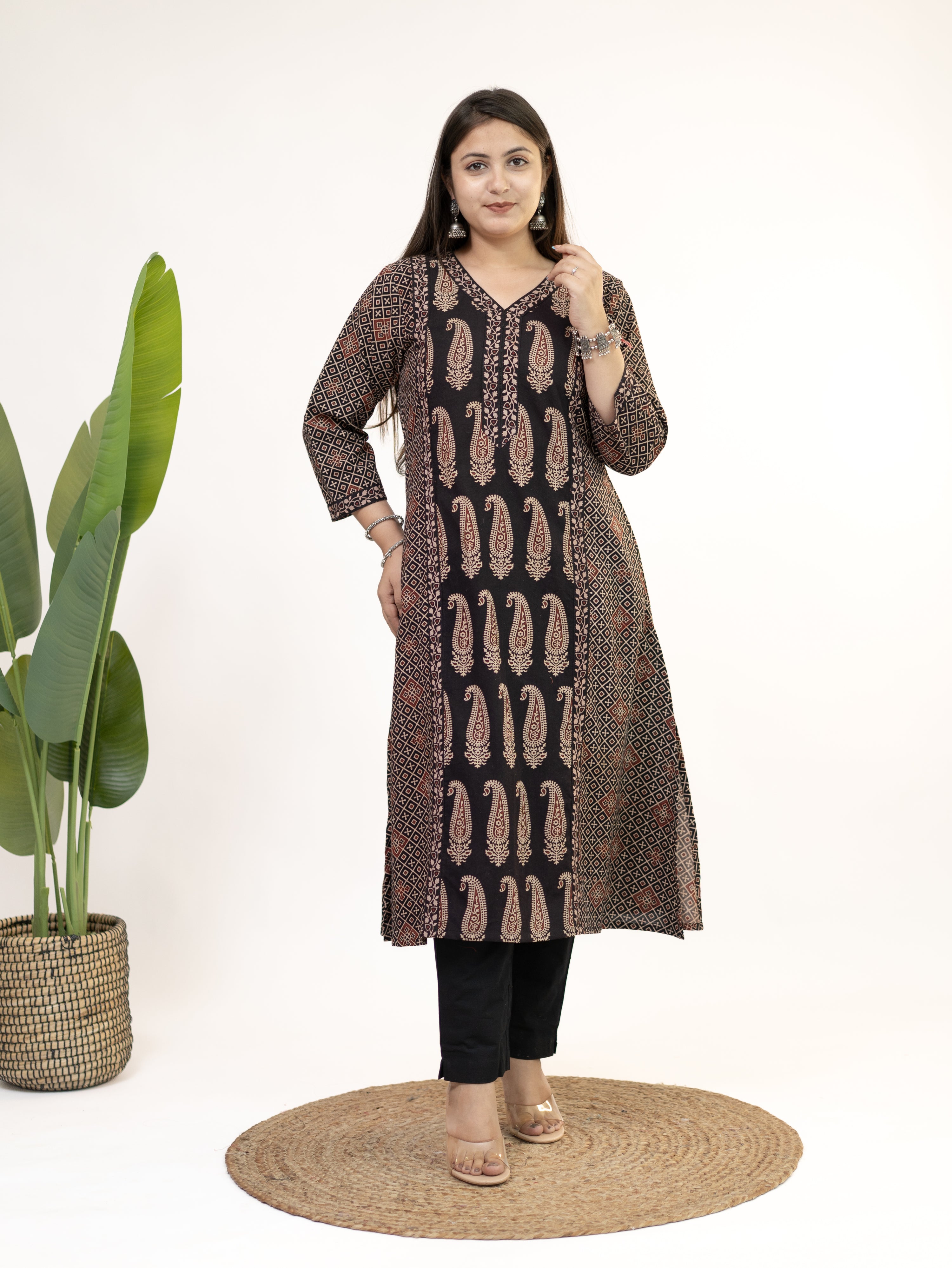Keya Black Cotton Ajrakh Casual A-line Kurta