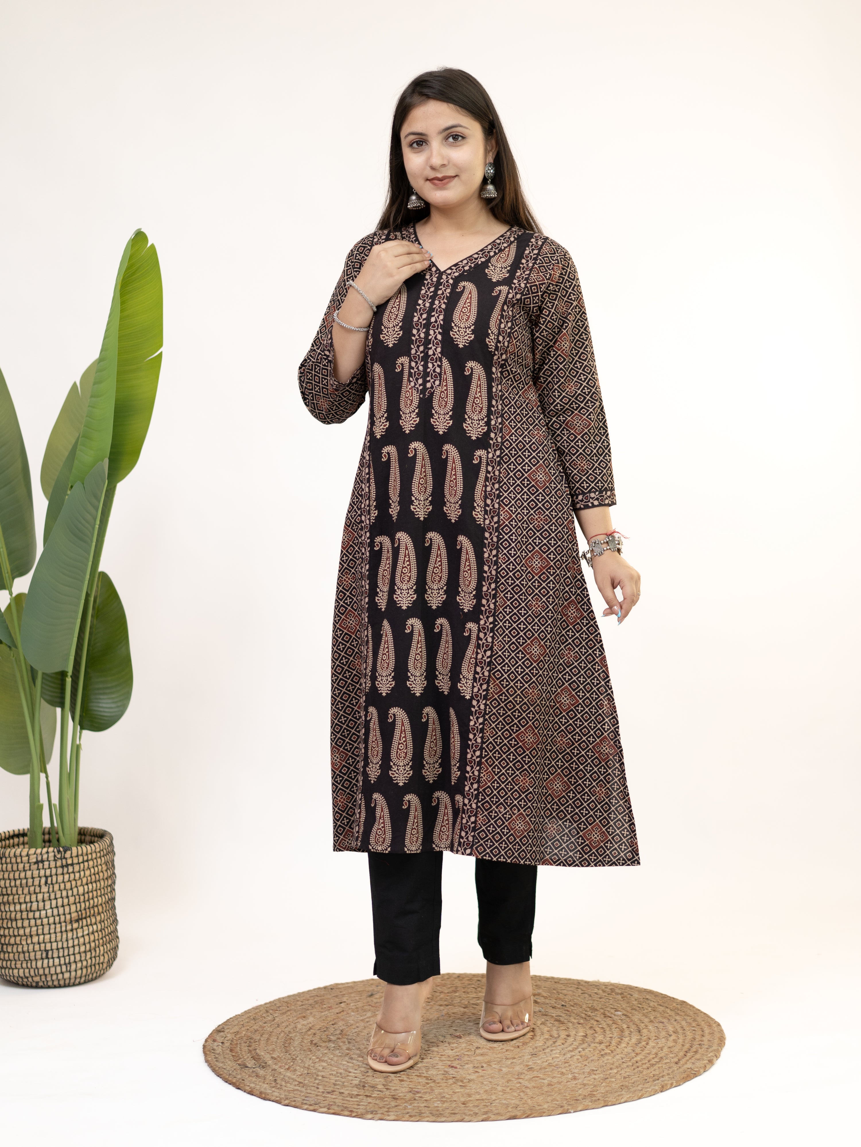 Keya Black Cotton Ajrakh Casual A-line Kurta