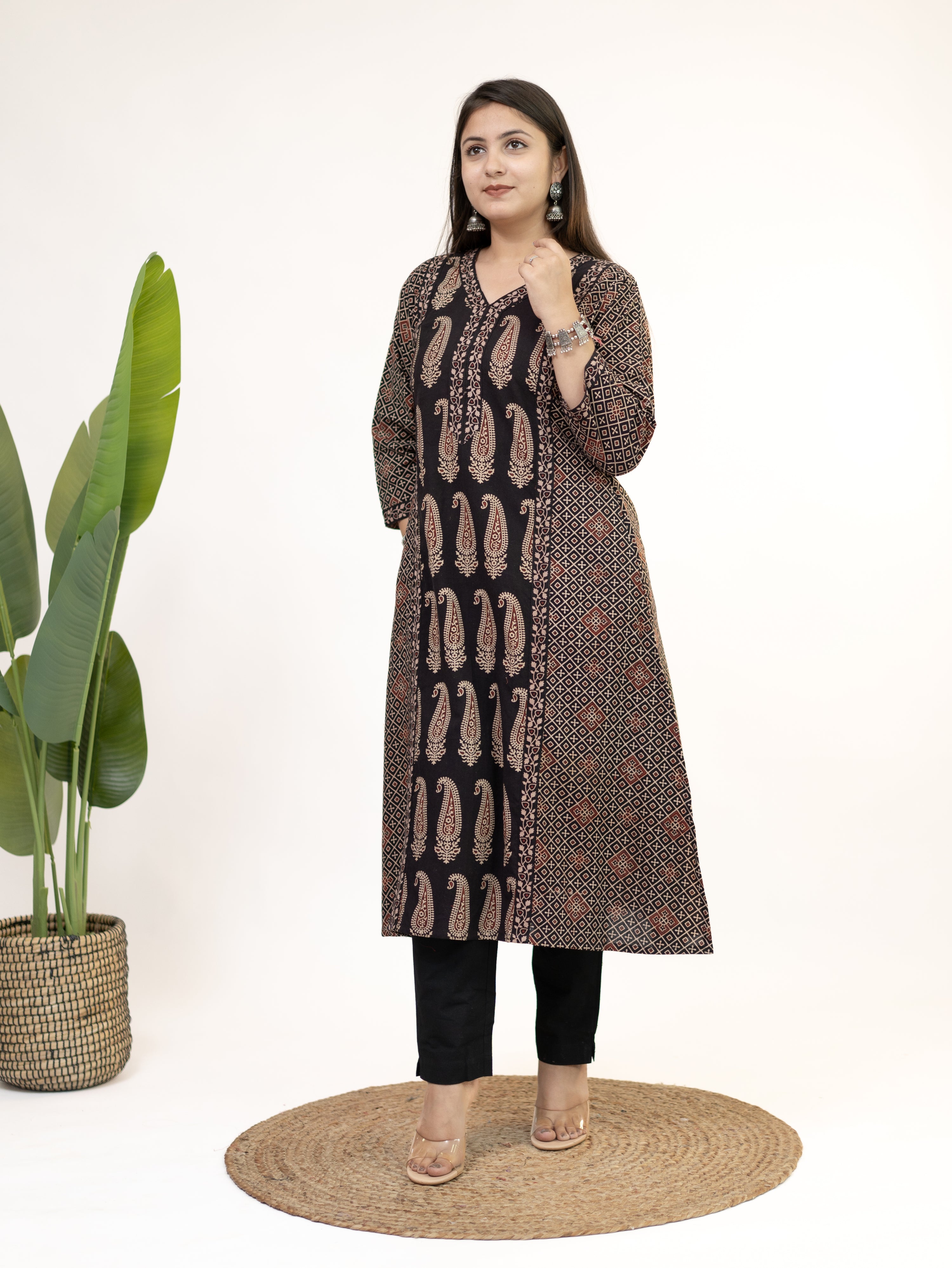 Keya Black Cotton Ajrakh Casual A-line Kurta
