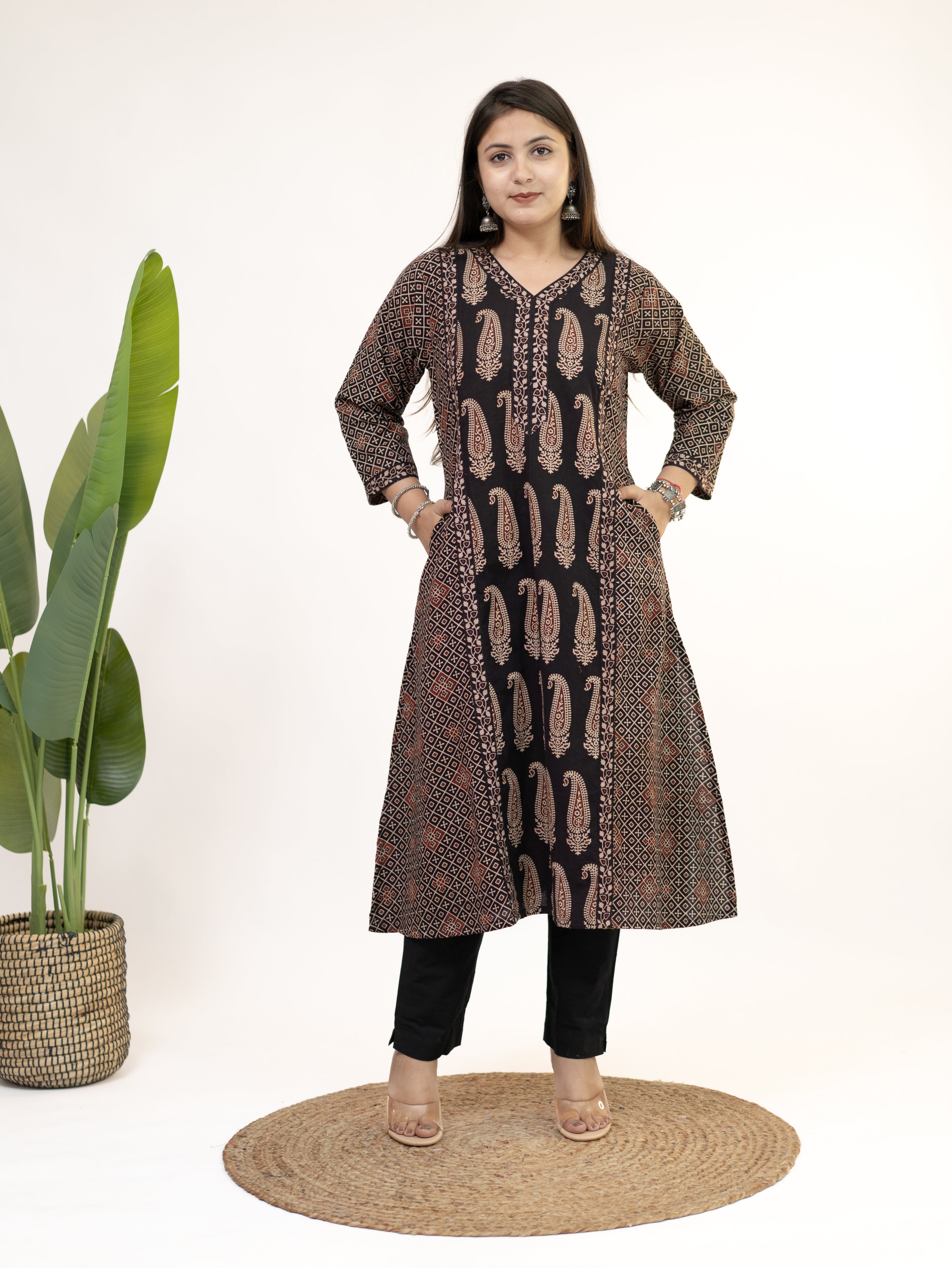Keya Black Cotton Ajrakh Casual A-line Kurta