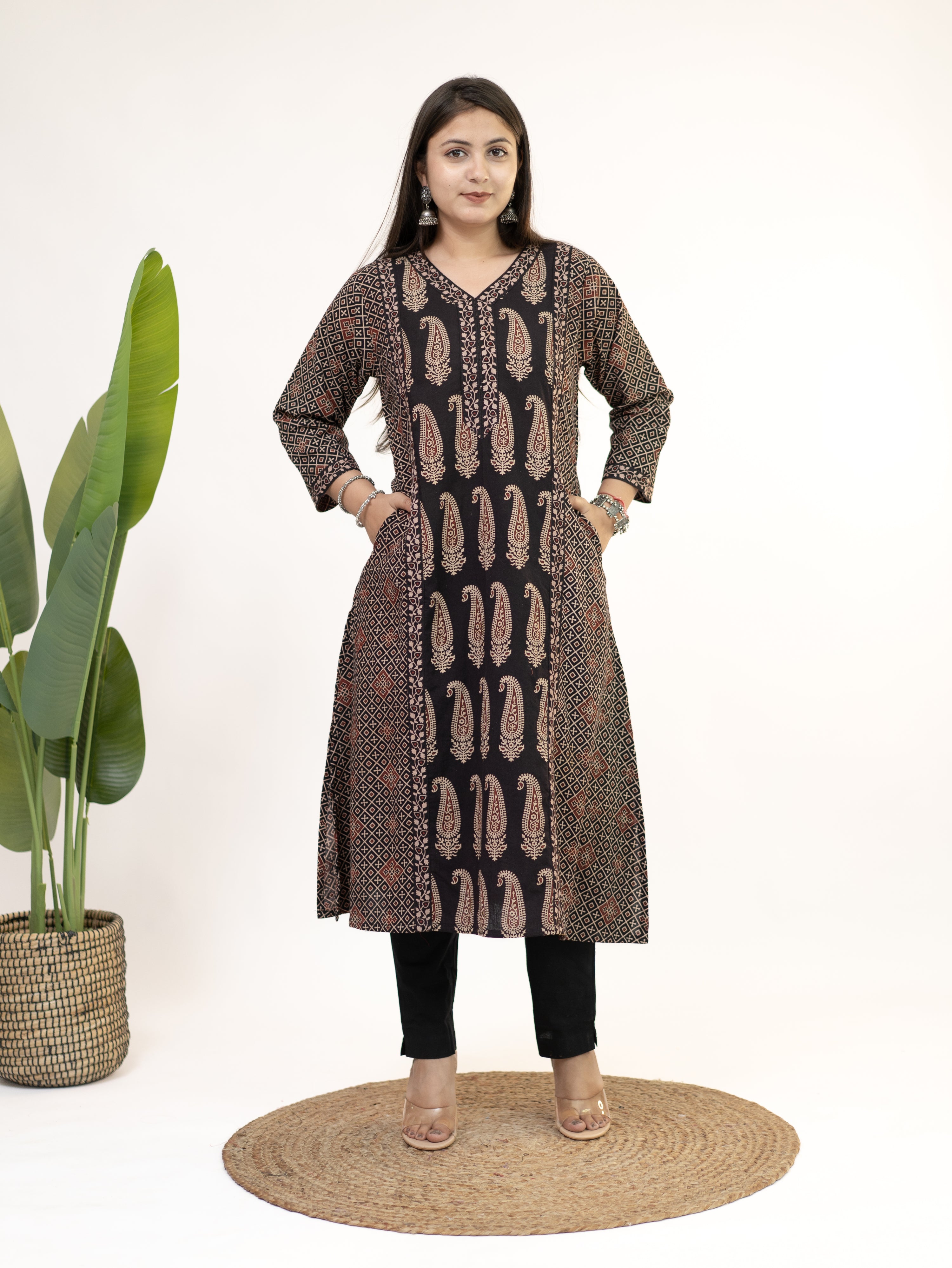 Keya Black Cotton Ajrakh Casual A-line Kurta