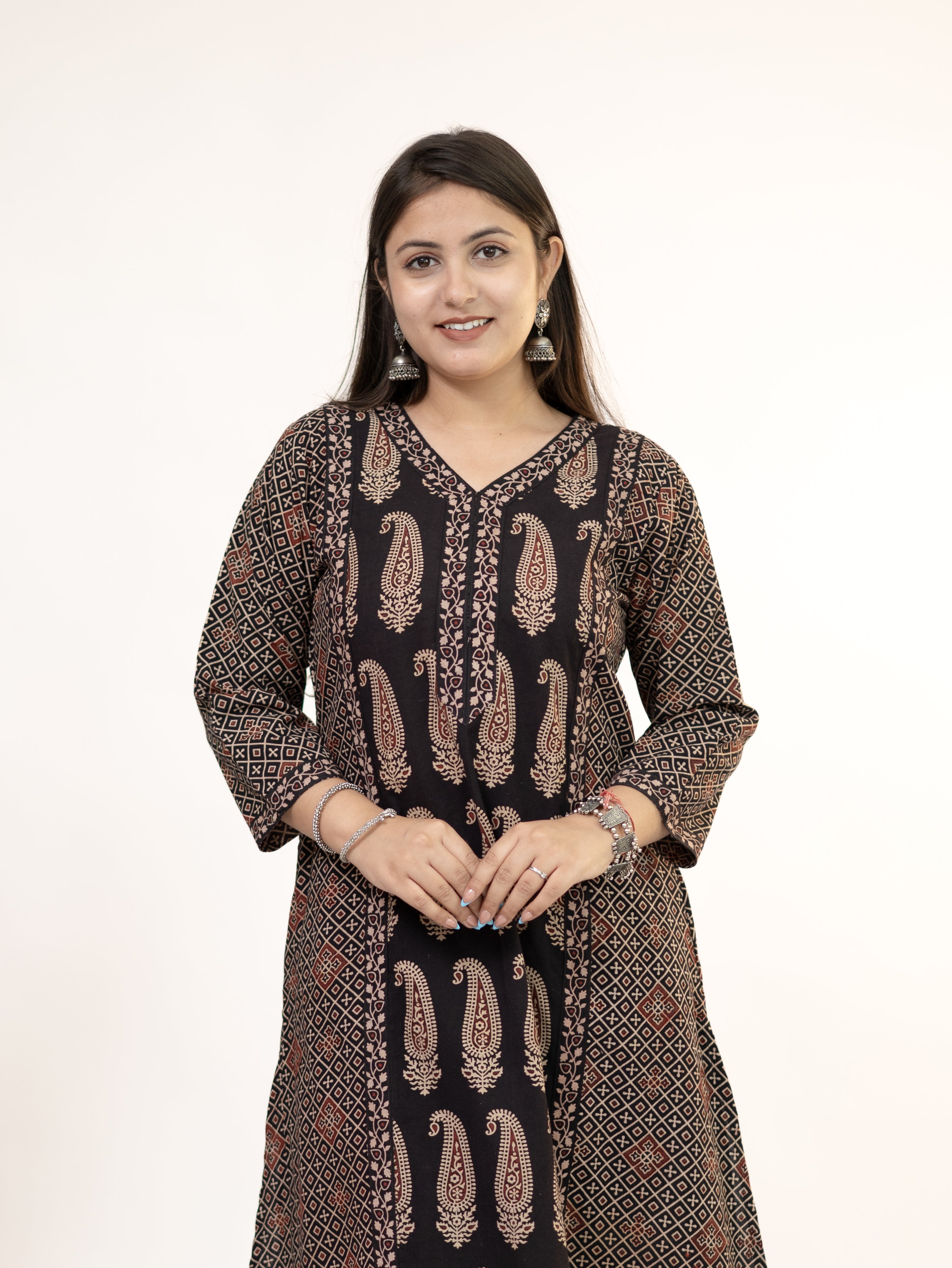 Keya Black Cotton Ajrakh Casual A-line Kurta