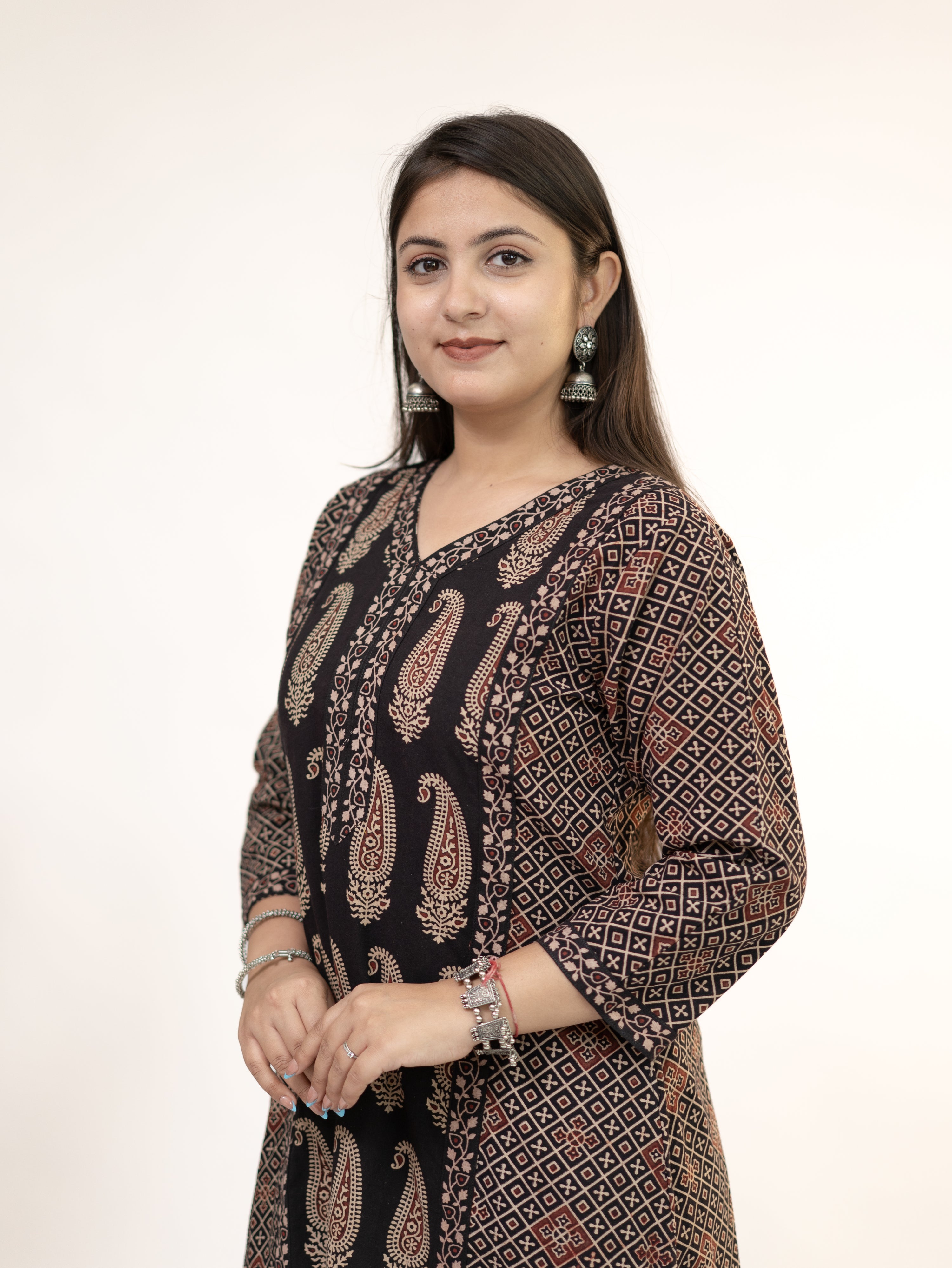 Keya Black Cotton Ajrakh Casual A-line Kurta