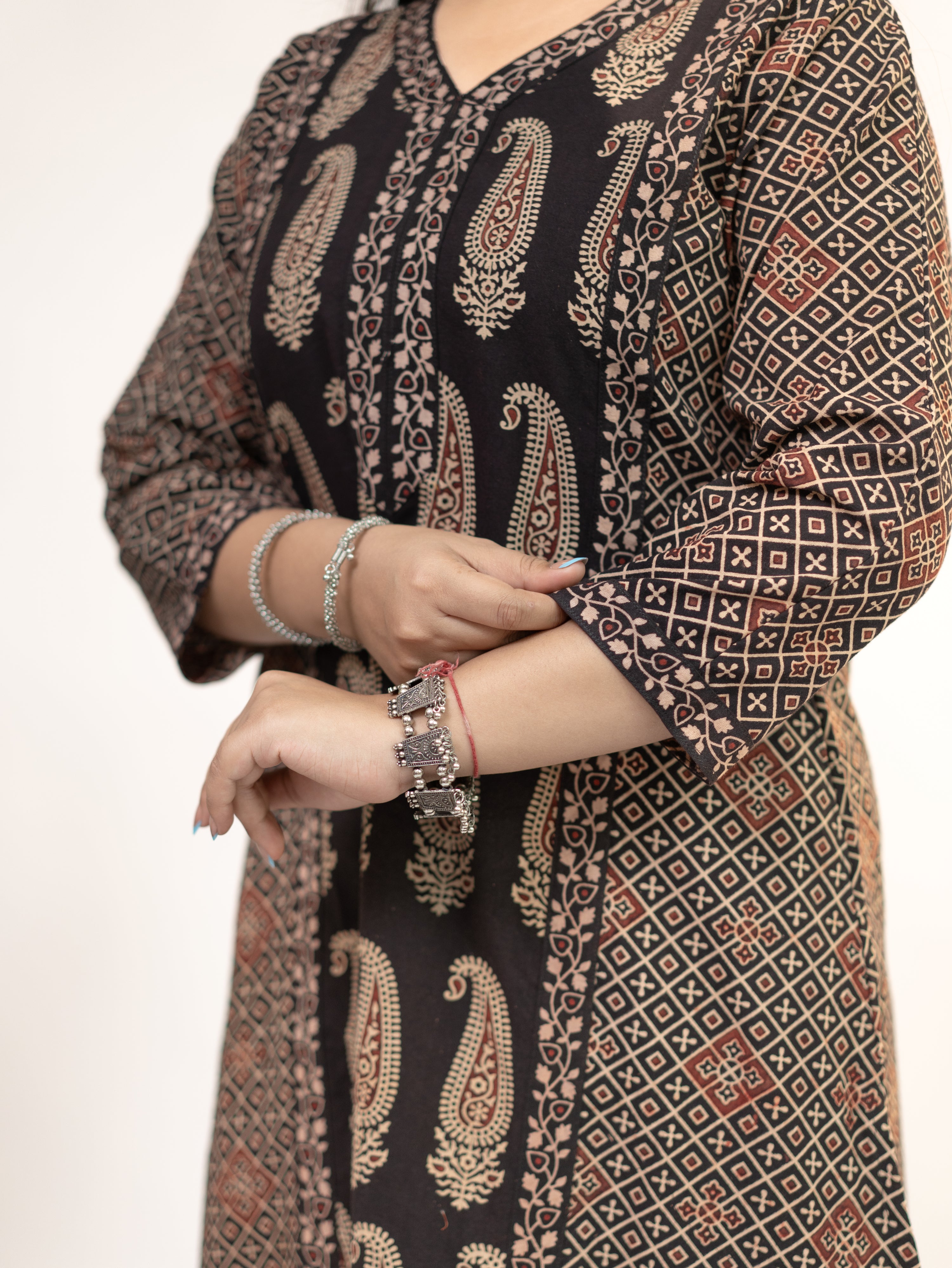 Keya Black Cotton Ajrakh Casual A-line Kurta