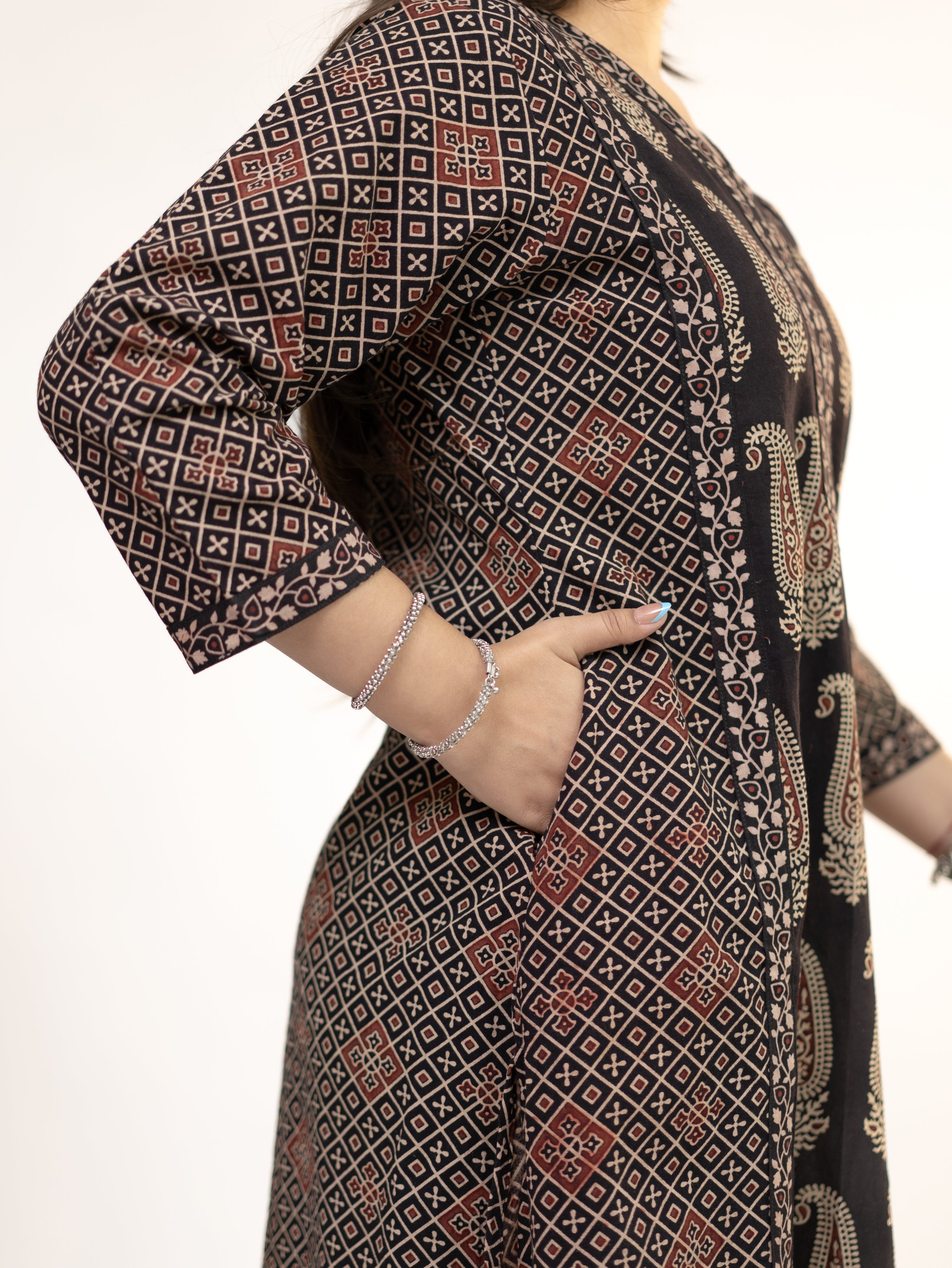 Keya Black Cotton Ajrakh Casual A-line Kurta