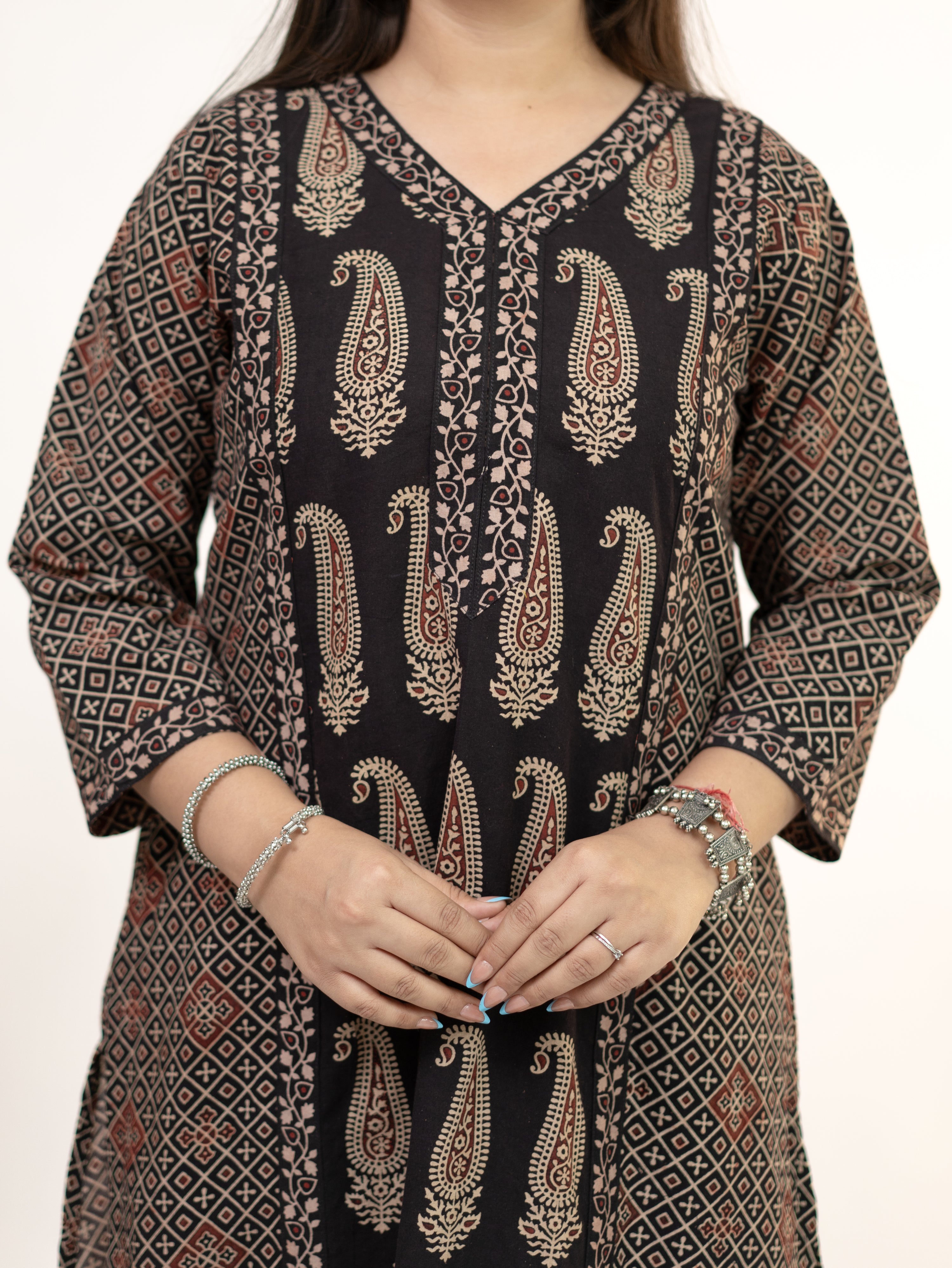 Keya Black Cotton Ajrakh Casual A-line Kurta