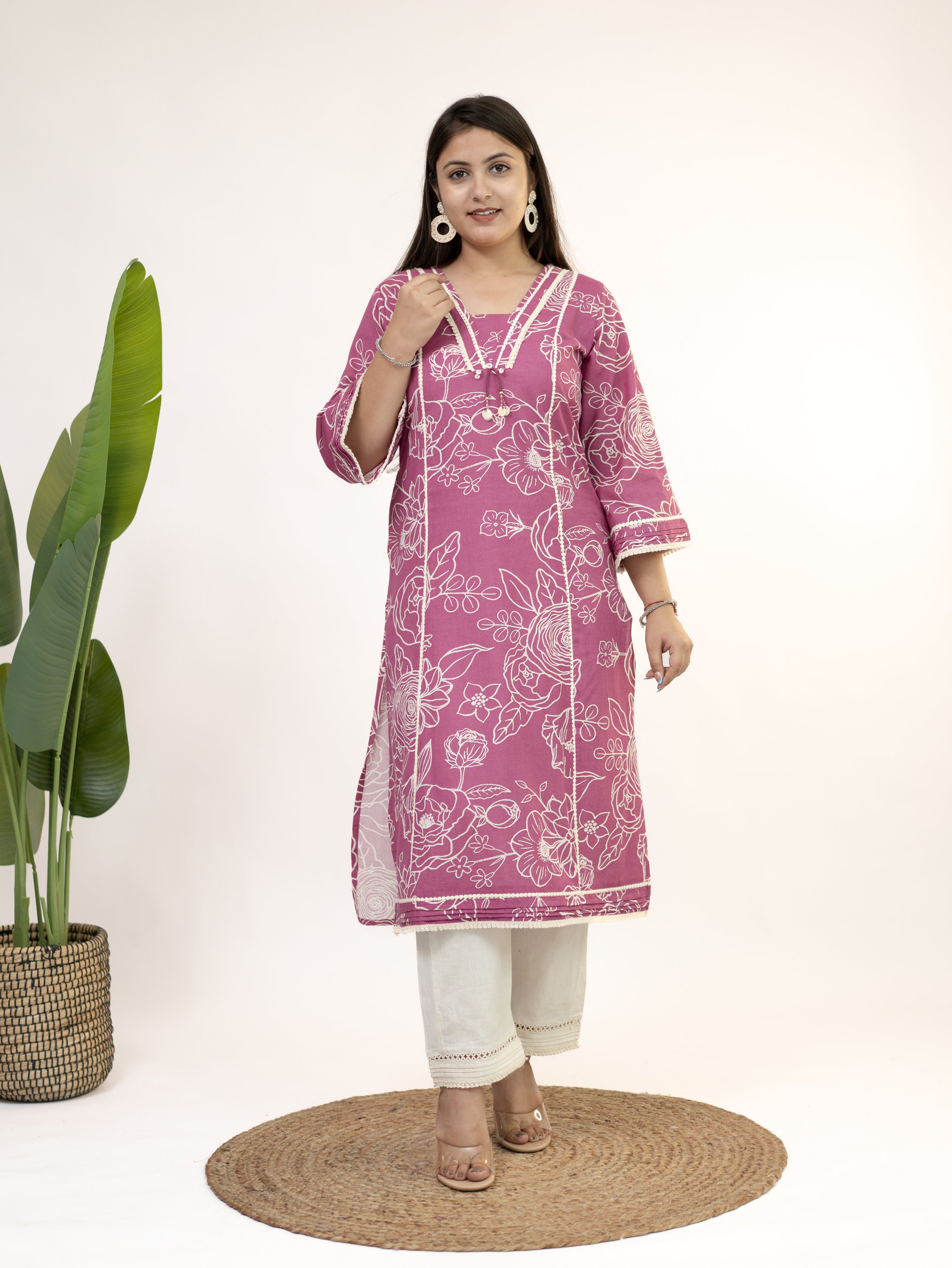 Inayat Pink Cotton Lace Deatialed A-line Kurta Set