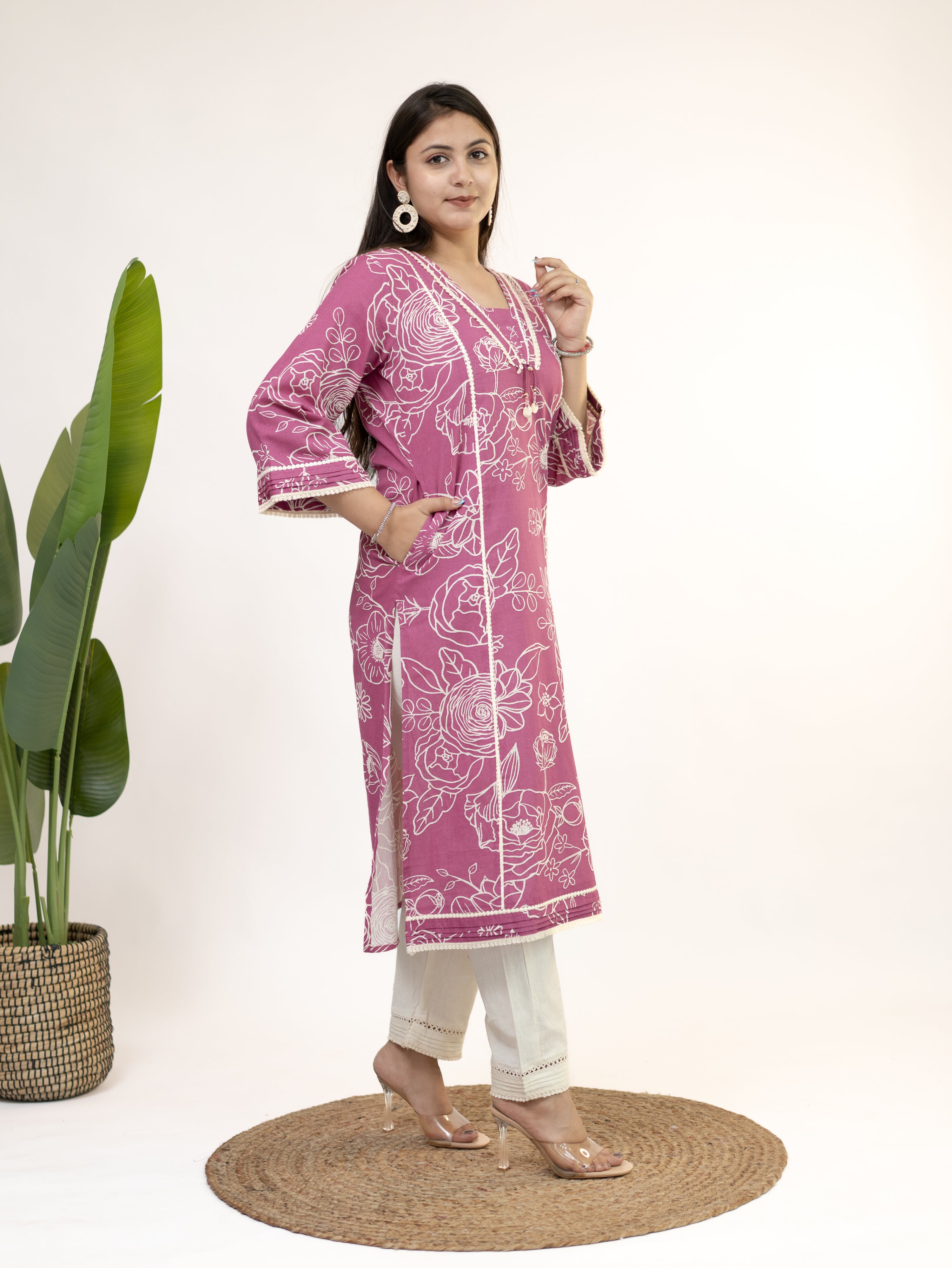 Inayat Pink Cotton Lace Deatialed A-line Kurta Set
