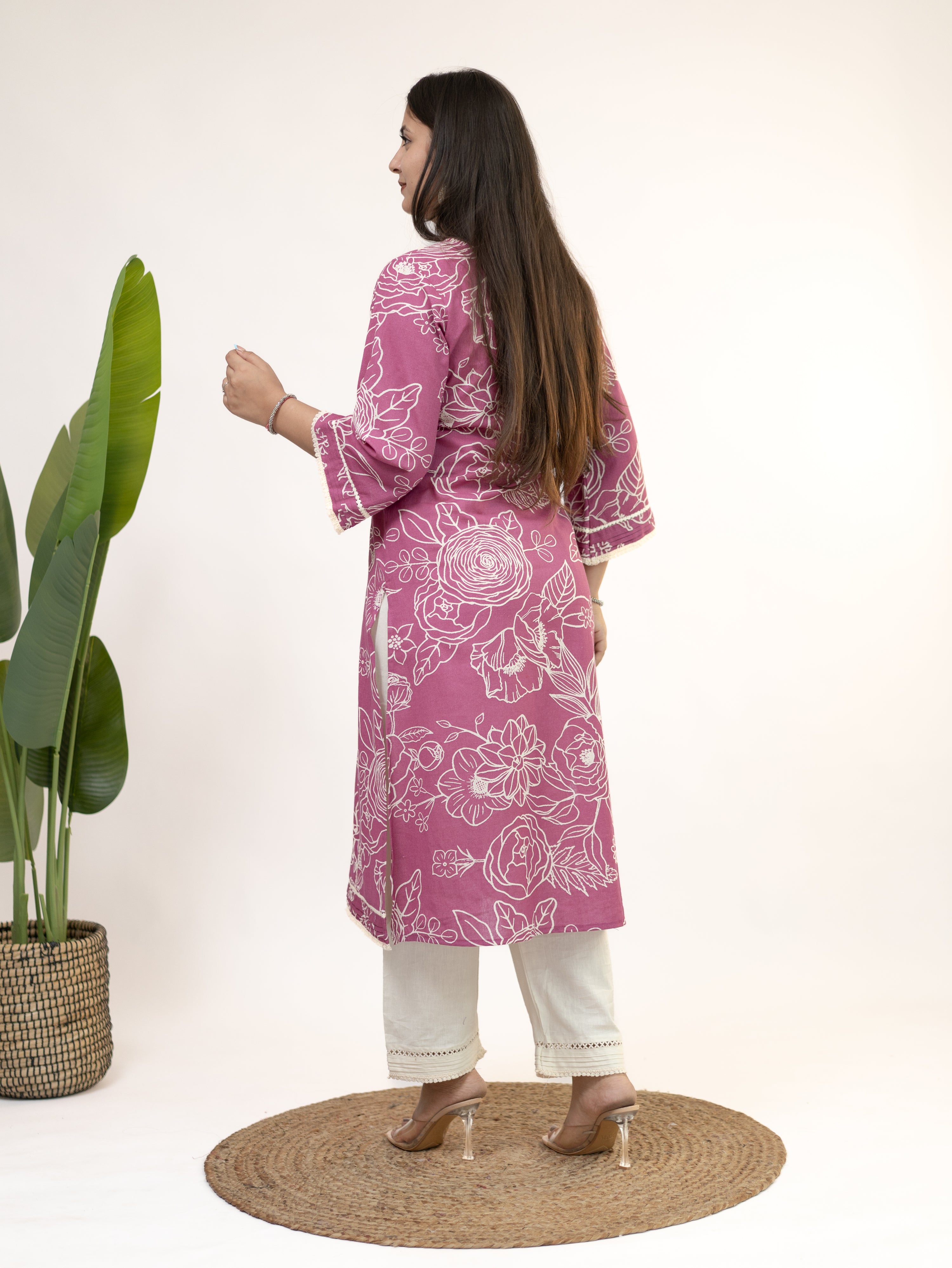 Inayat Pink Cotton Lace Deatialed A-line Kurta Set