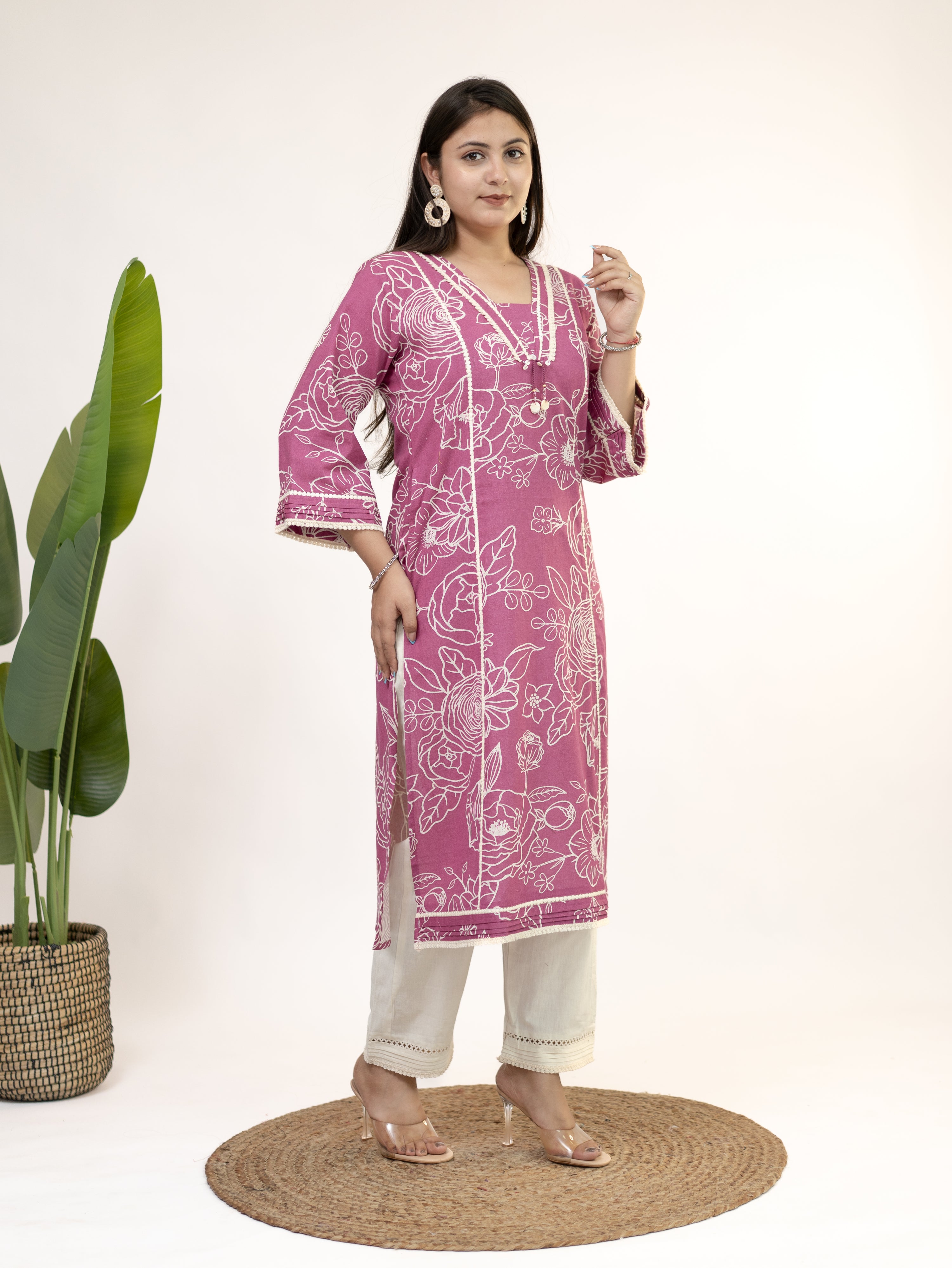 Inayat Pink Cotton Lace Deatialed A-line Kurta Set