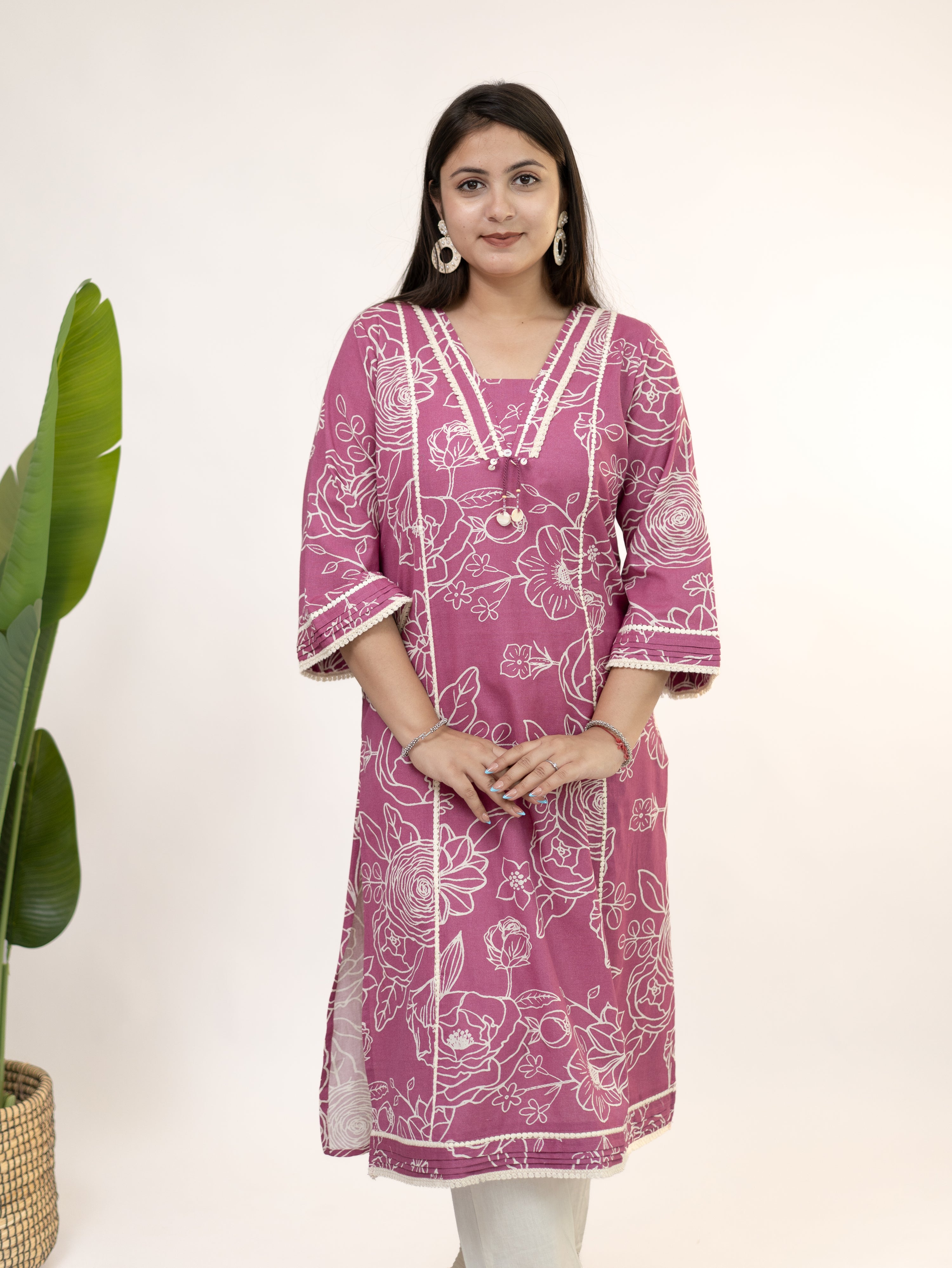 Inayat Pink Cotton Lace Deatialed A-line Kurta Set