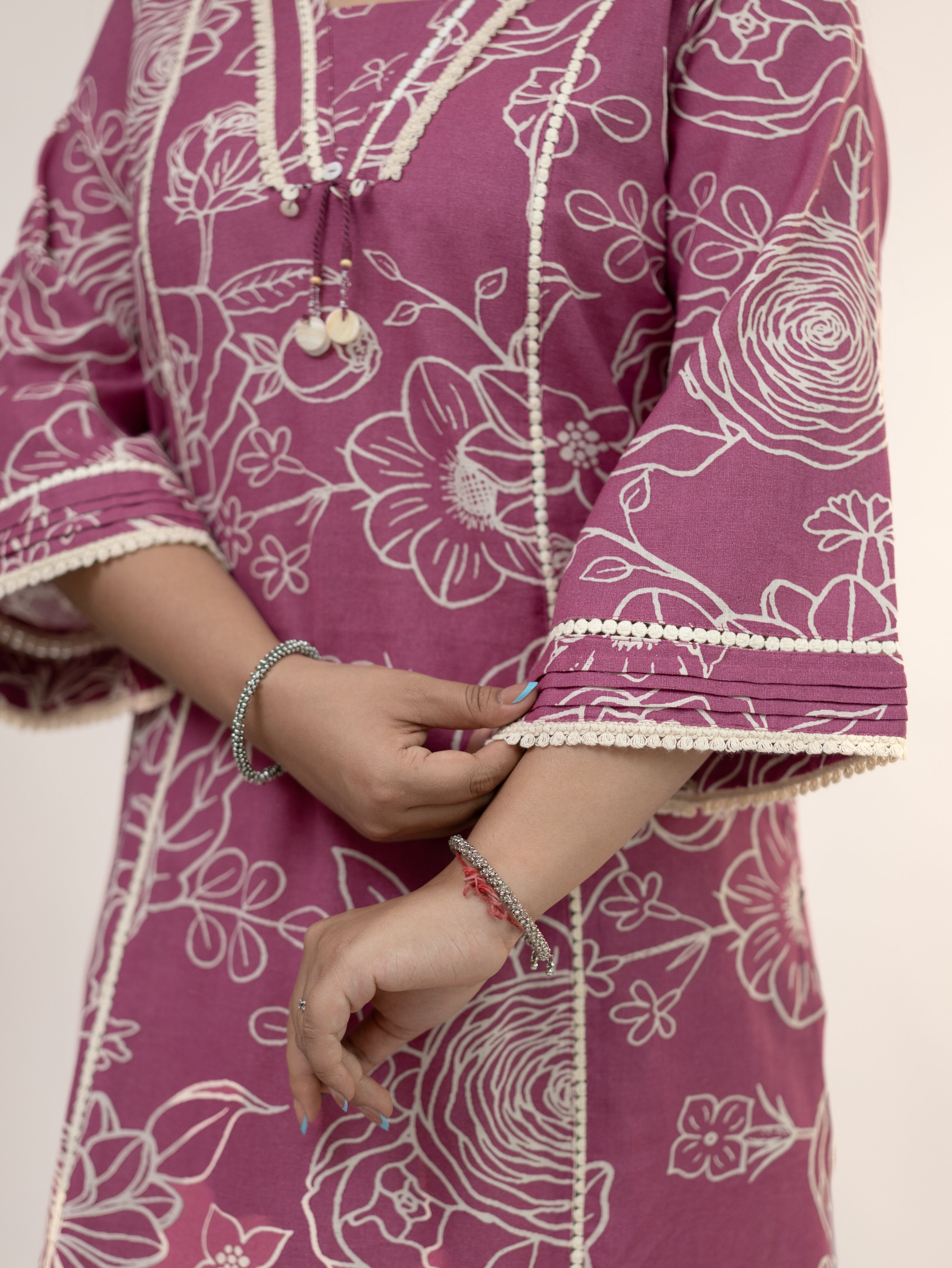 Inayat Pink Cotton Lace Deatialed A-line Kurta Set