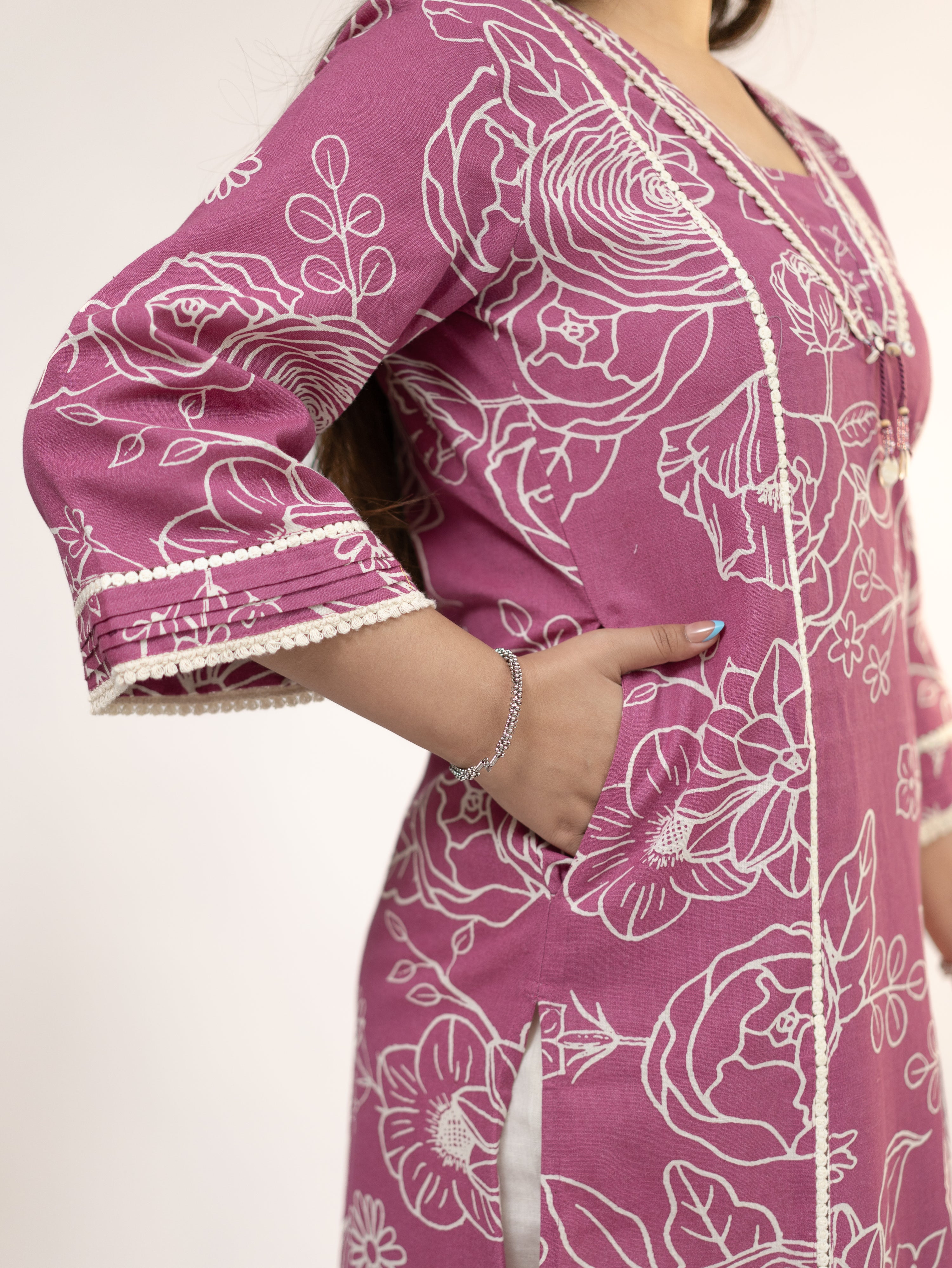 Inayat Pink Cotton Lace Deatialed A-line Kurta Set