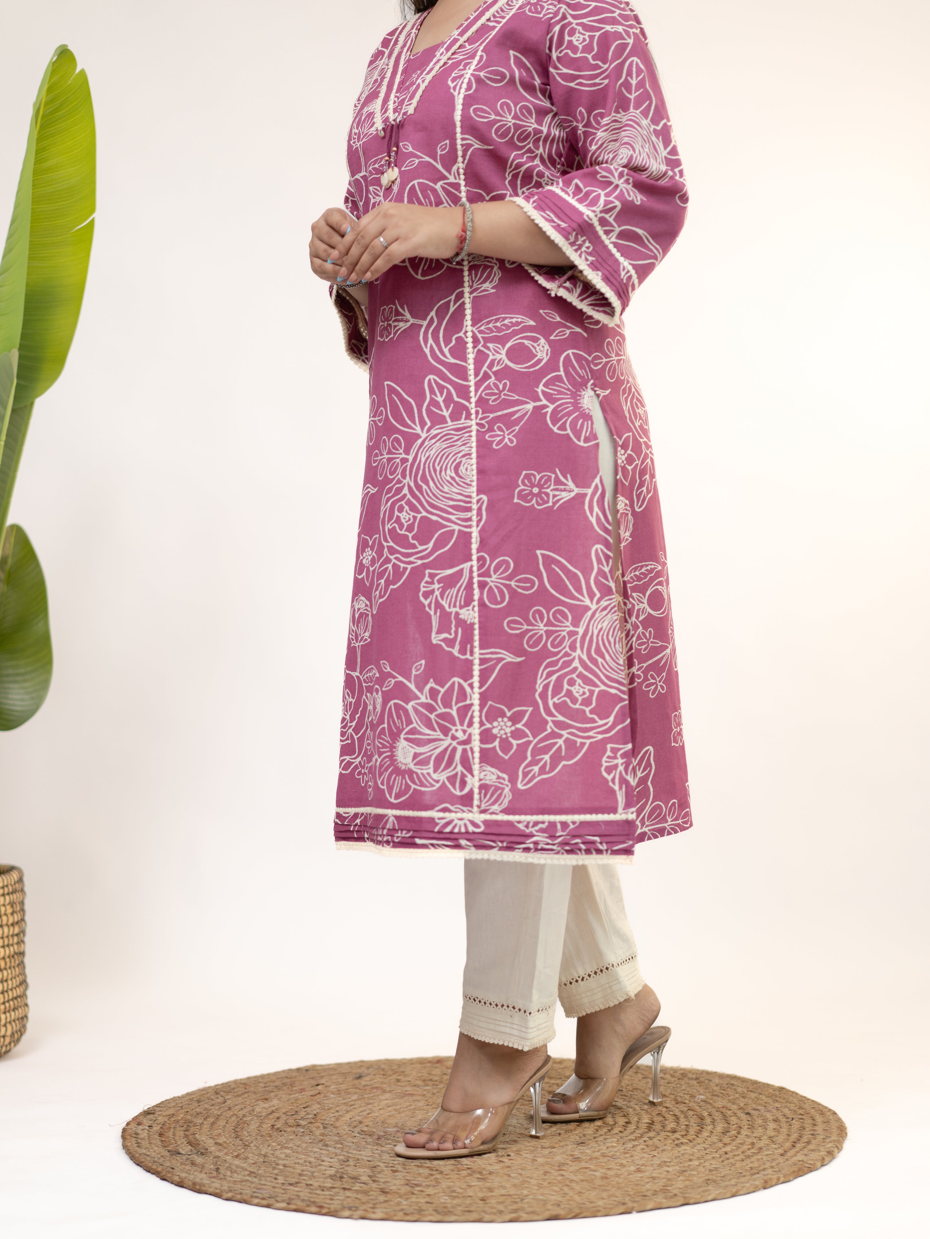 Inayat Pink Cotton Lace Deatialed A-line Kurta Set