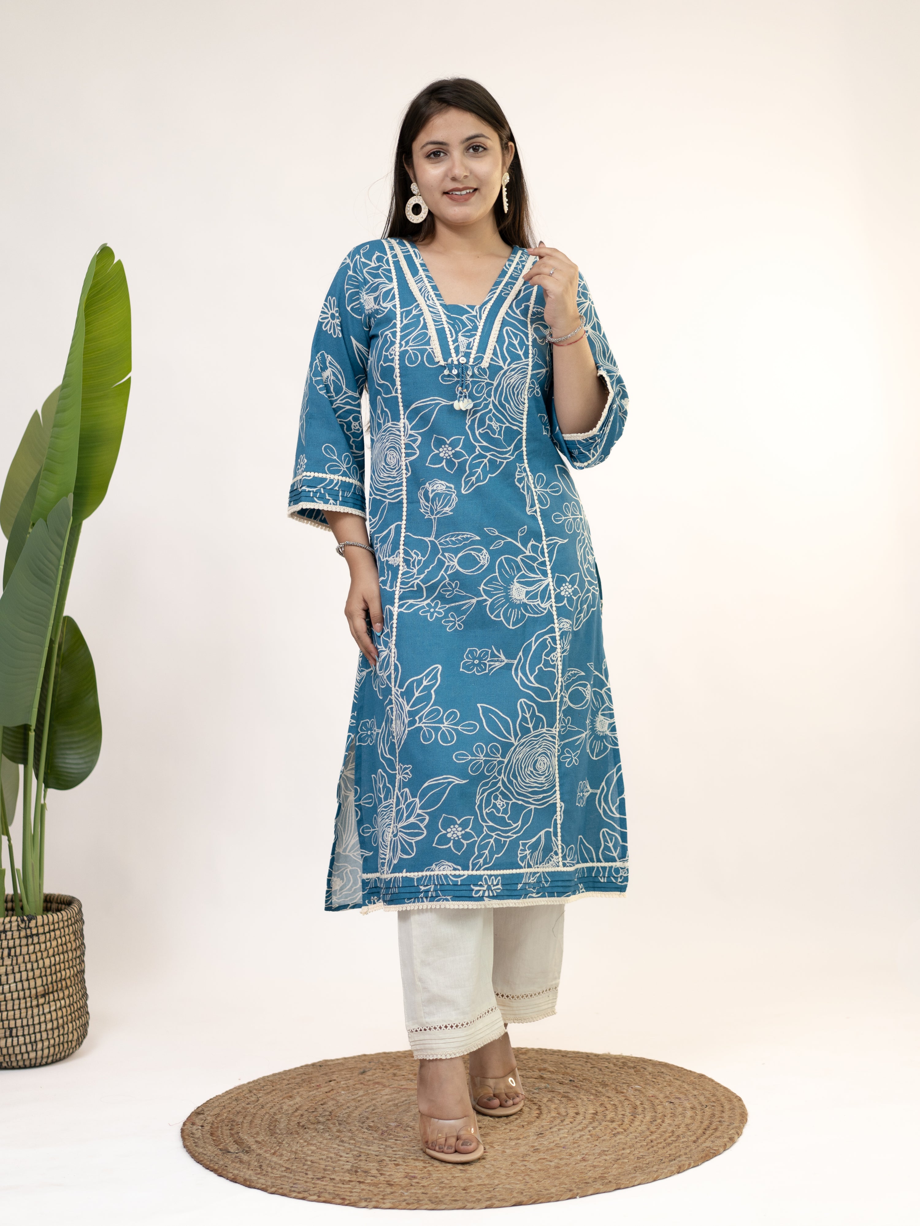 Inayat Blue Cotton Lace Deatialed A-line Kurta Set