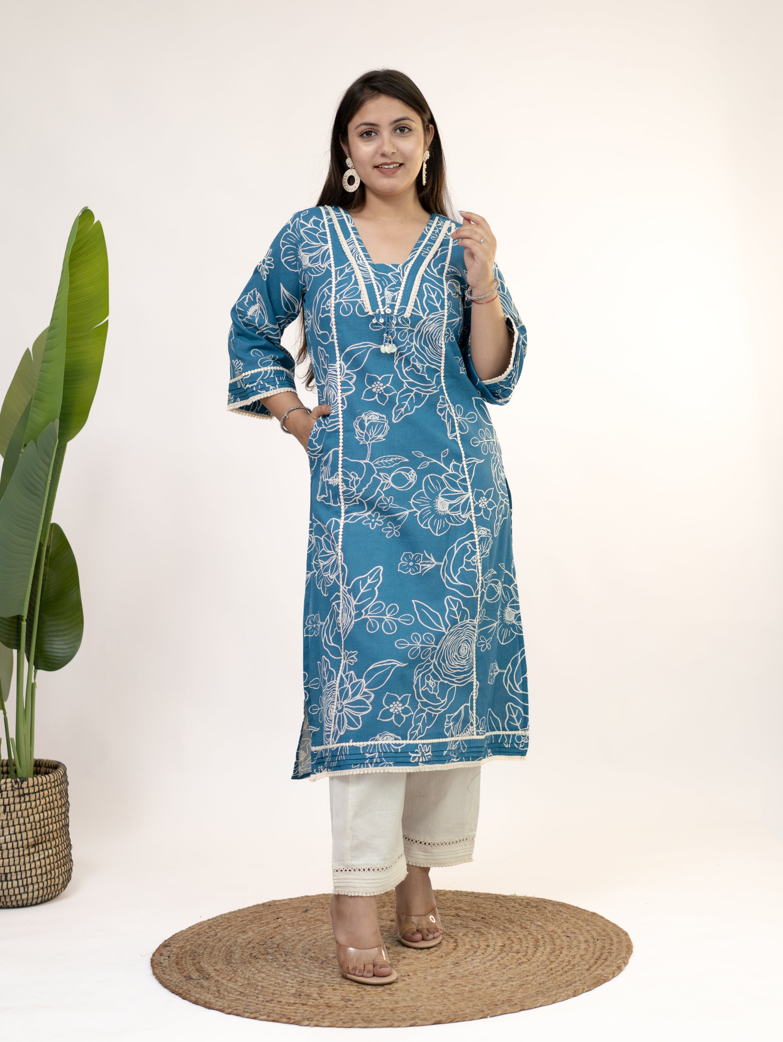 Inayat Blue Cotton Lace Deatialed A-line Kurta Set