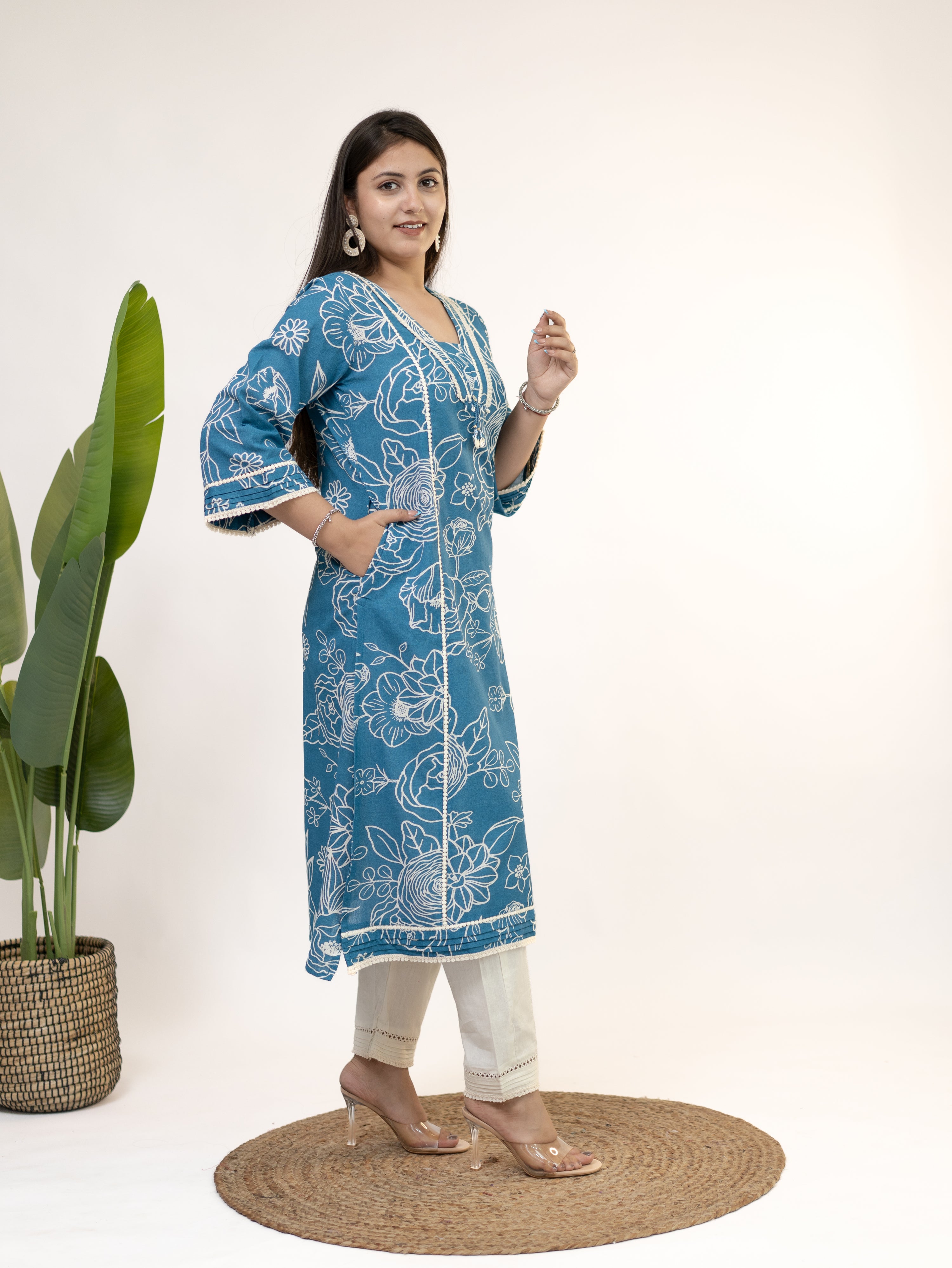 Inayat Blue Cotton Lace Deatialed A-line Kurta Set