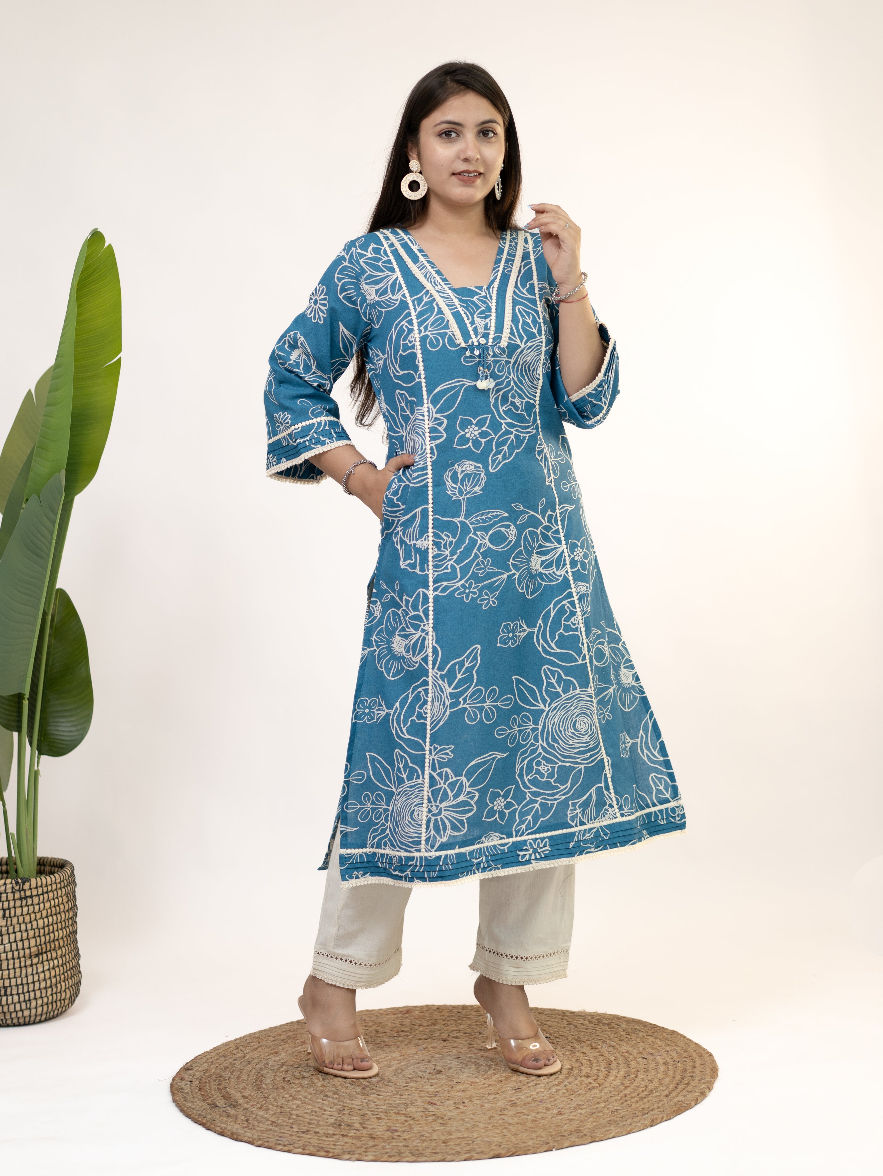Inayat Blue Cotton Lace Deatialed A-line Kurta Set