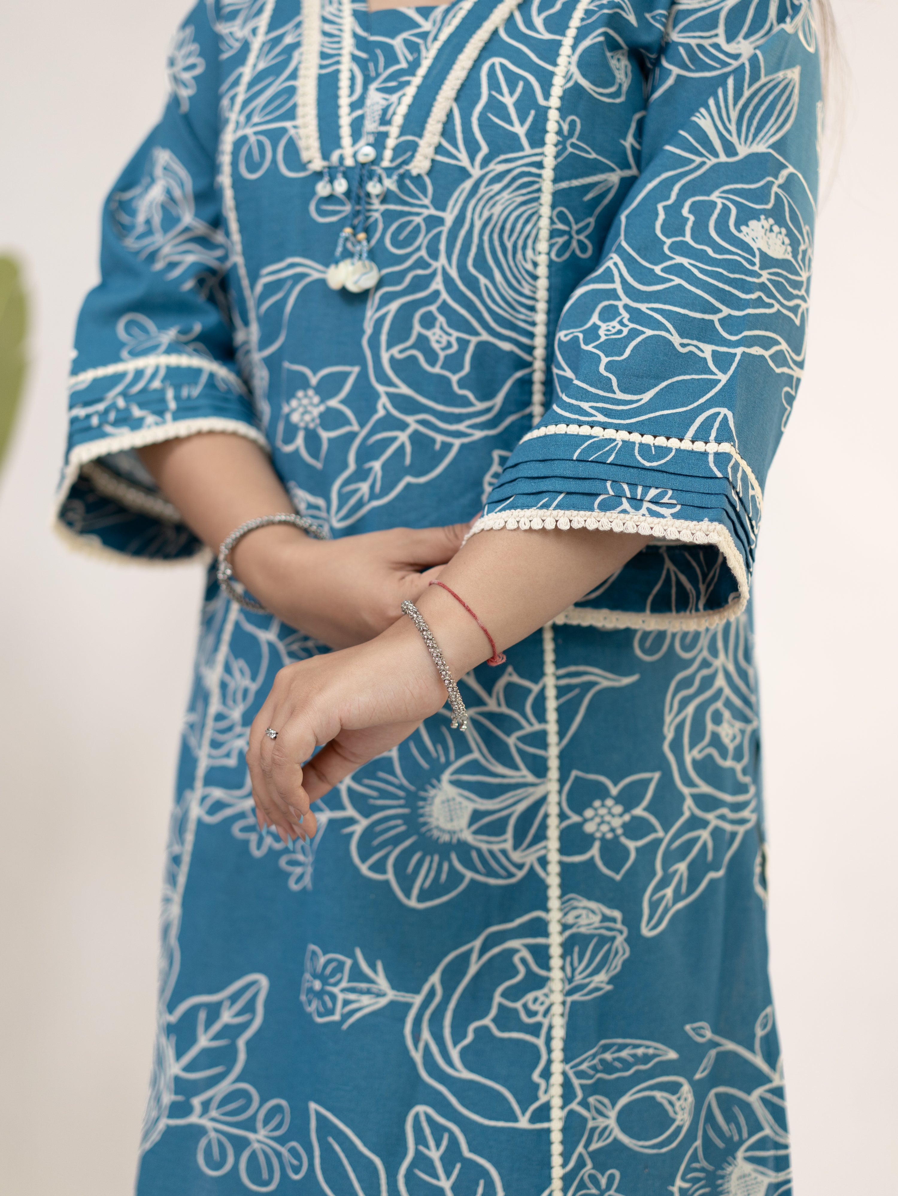 Inayat Blue Cotton Lace Deatialed A-line Kurta Set