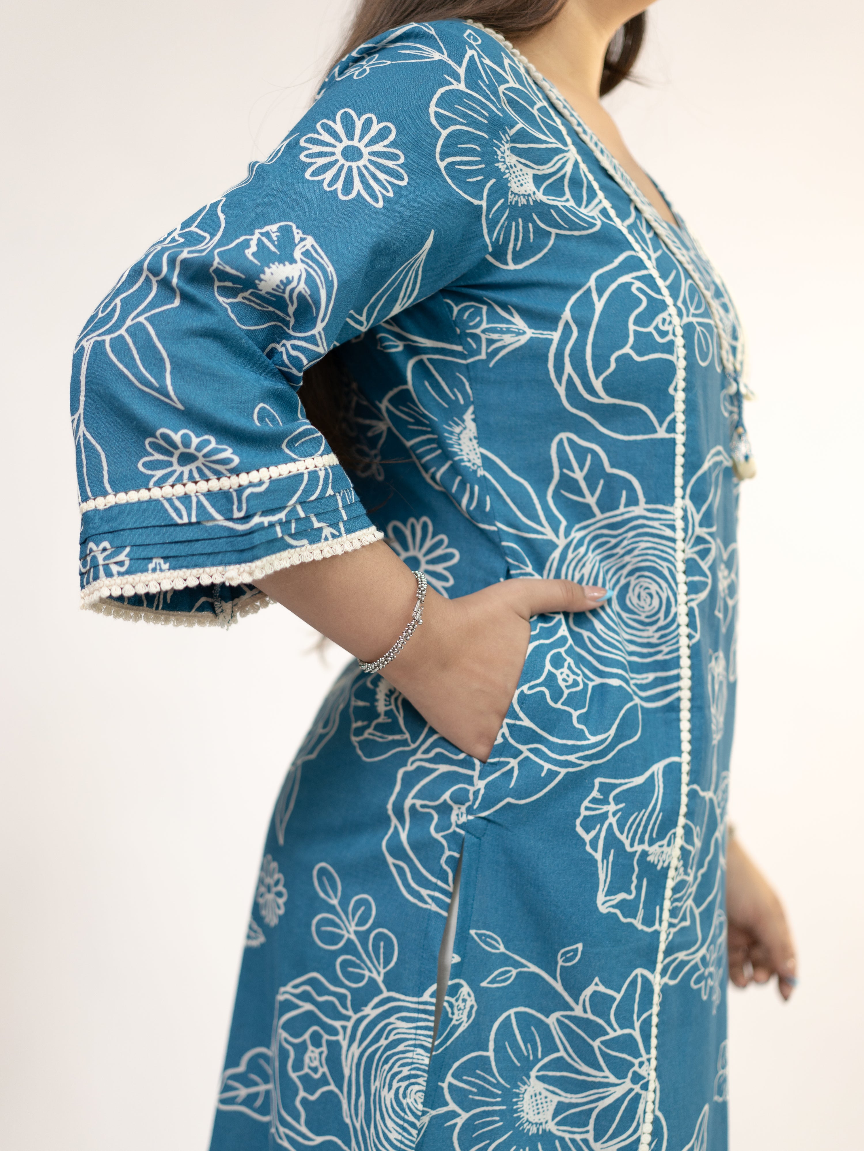 Inayat Blue Cotton Lace Deatialed A-line Kurta Set