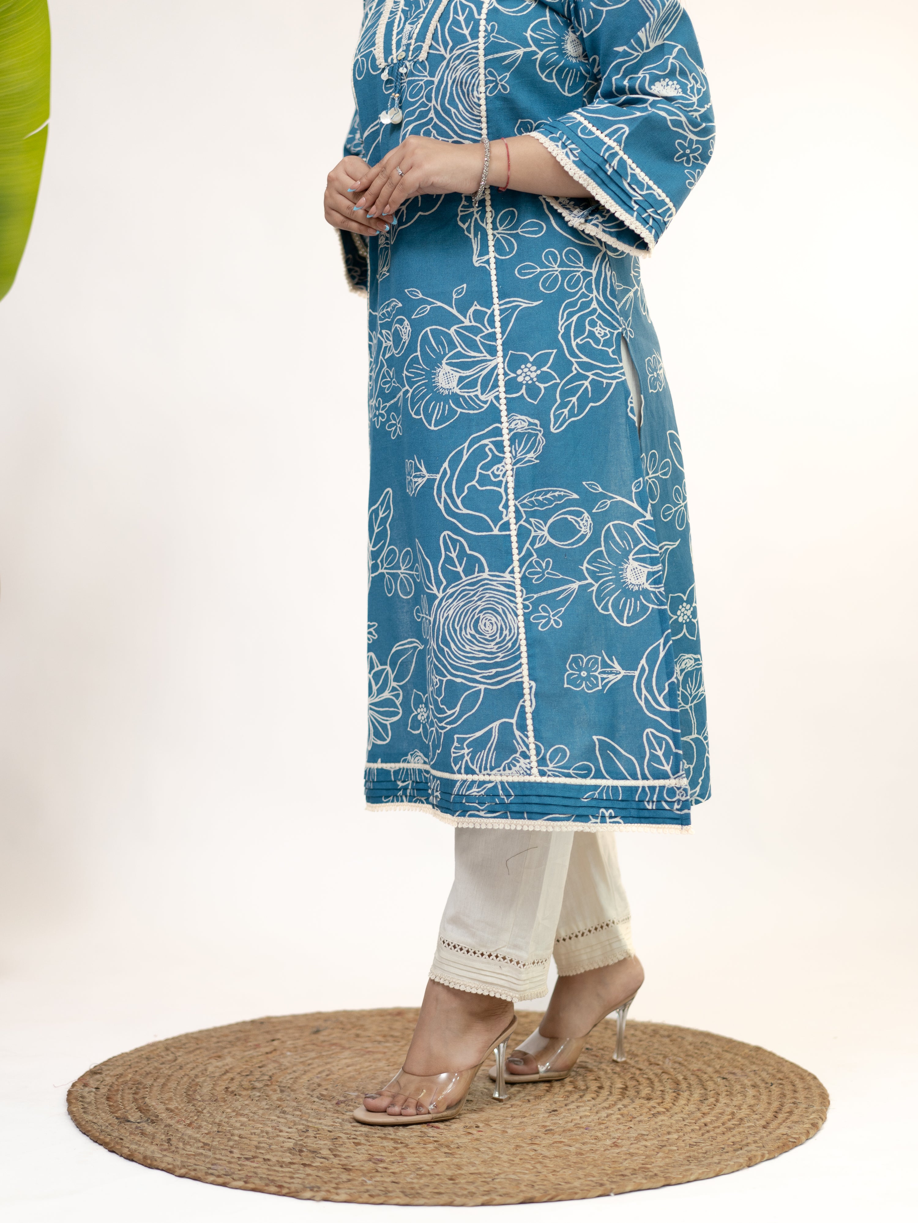 Inayat Blue Cotton Lace Deatialed A-line Kurta Set