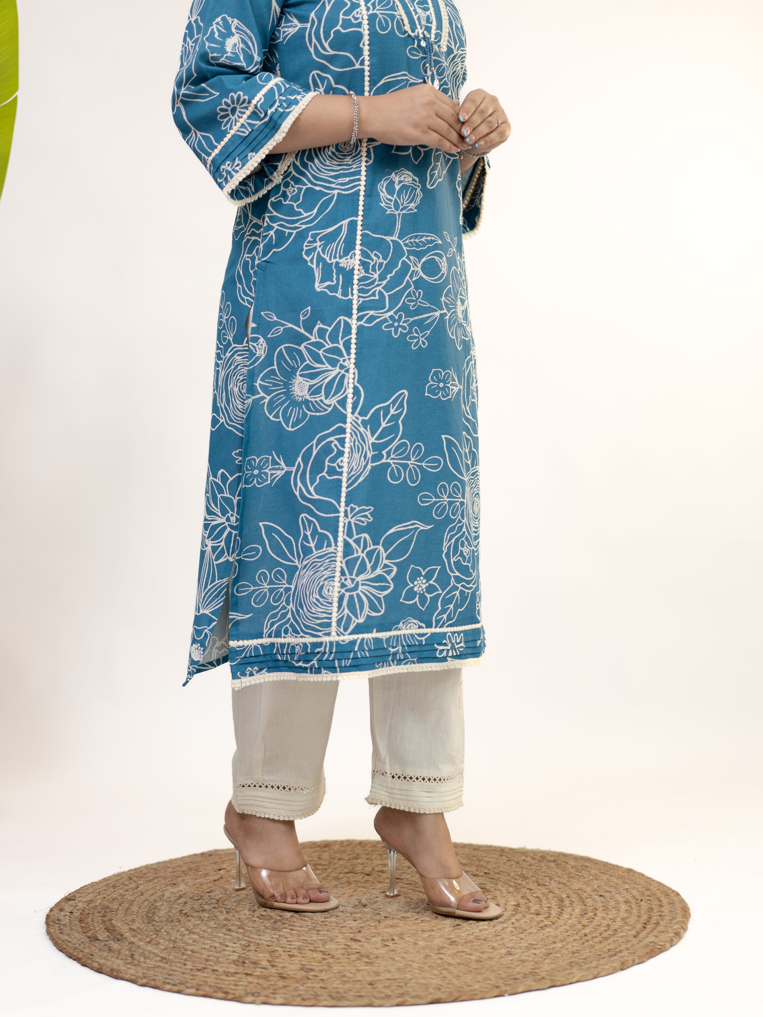 Inayat Blue Cotton Lace Deatialed A-line Kurta Set