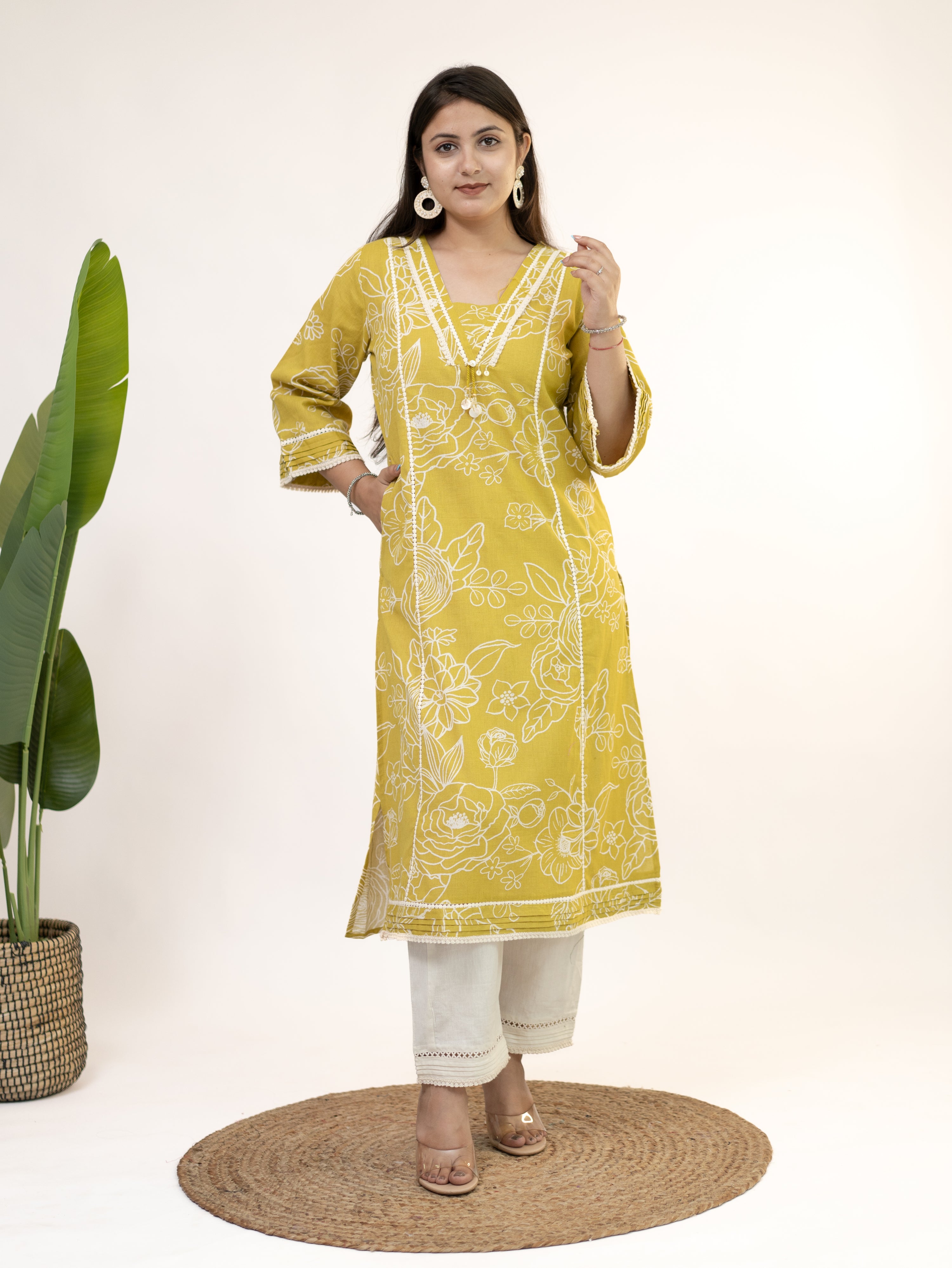 Inayat Yellow Cotton Lace Deatialed A-line Kurta Set