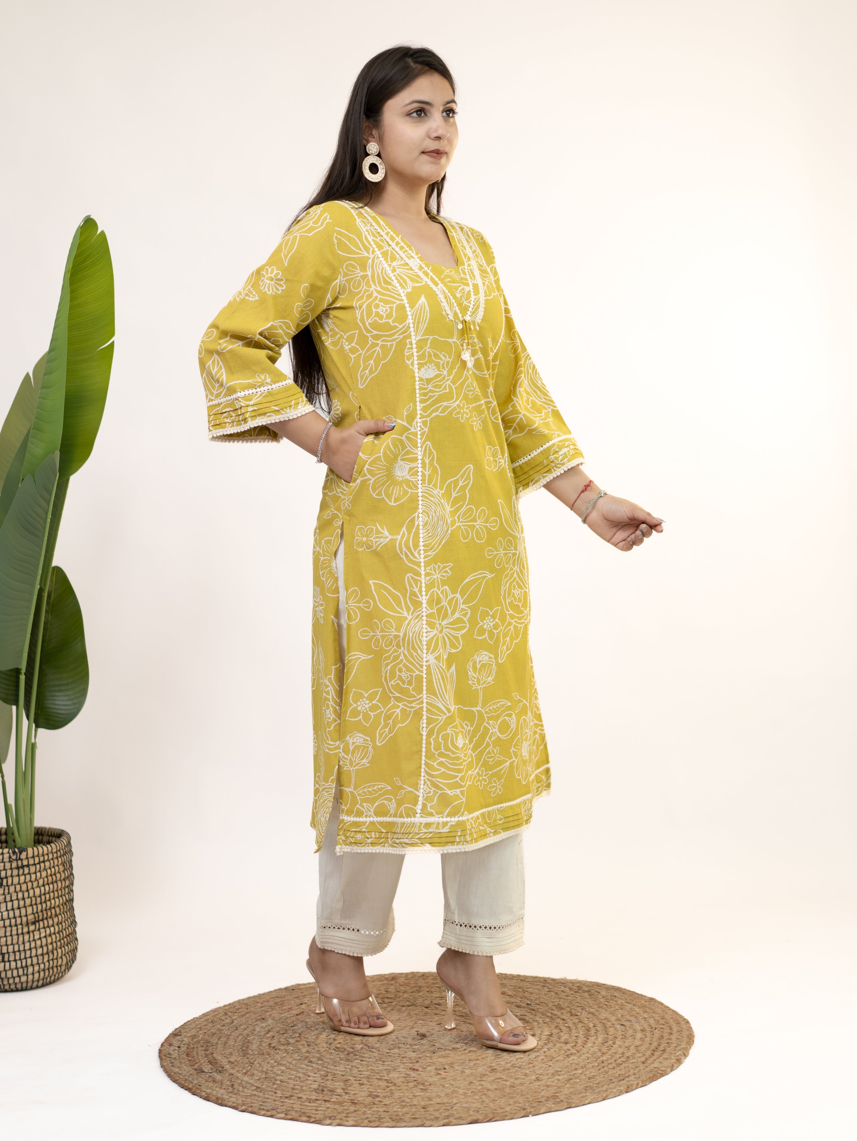 Inayat Yellow Cotton Lace Deatialed A-line Kurta Set