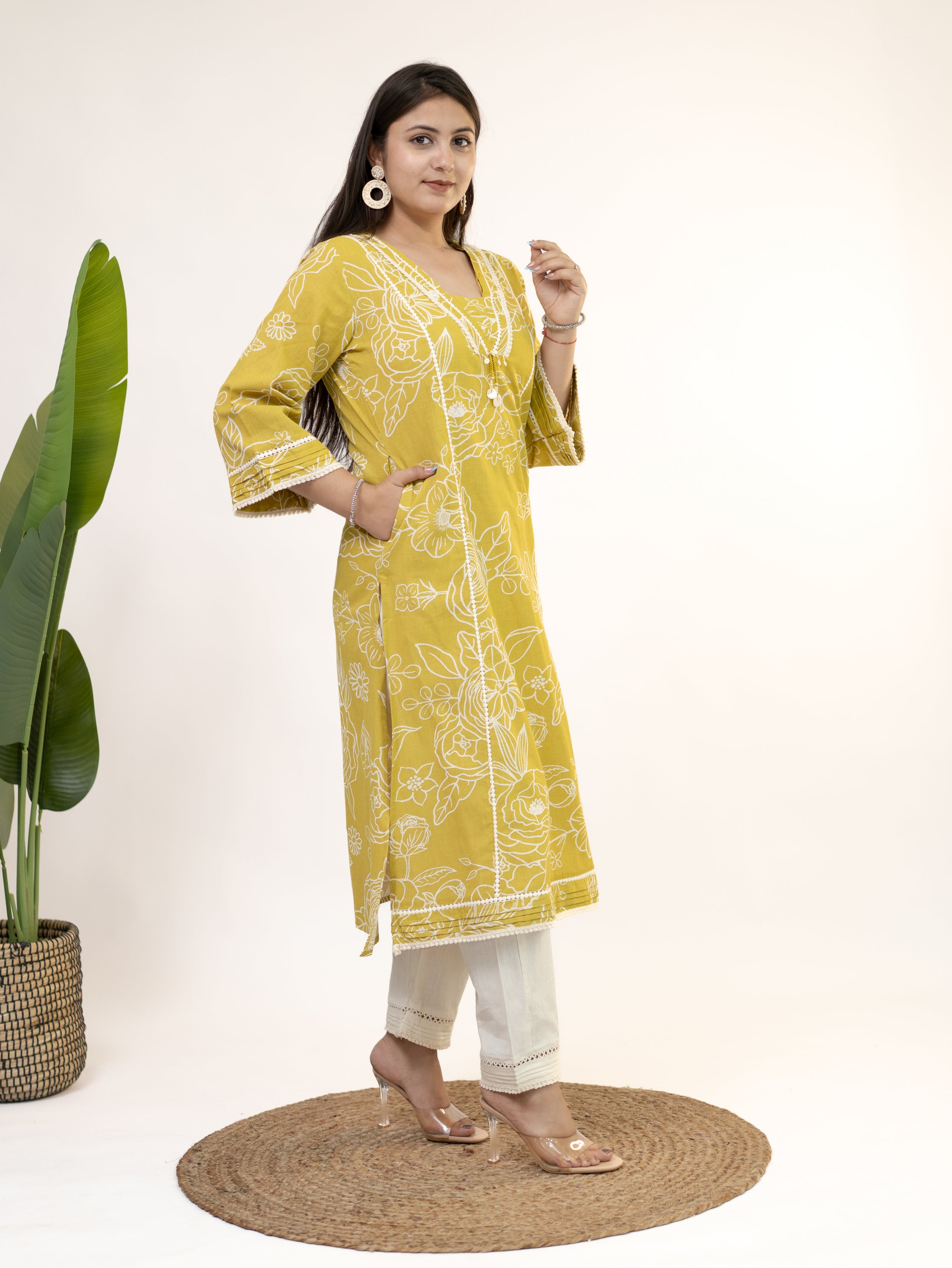 Inayat Yellow Cotton Lace Deatialed A-line Kurta Set