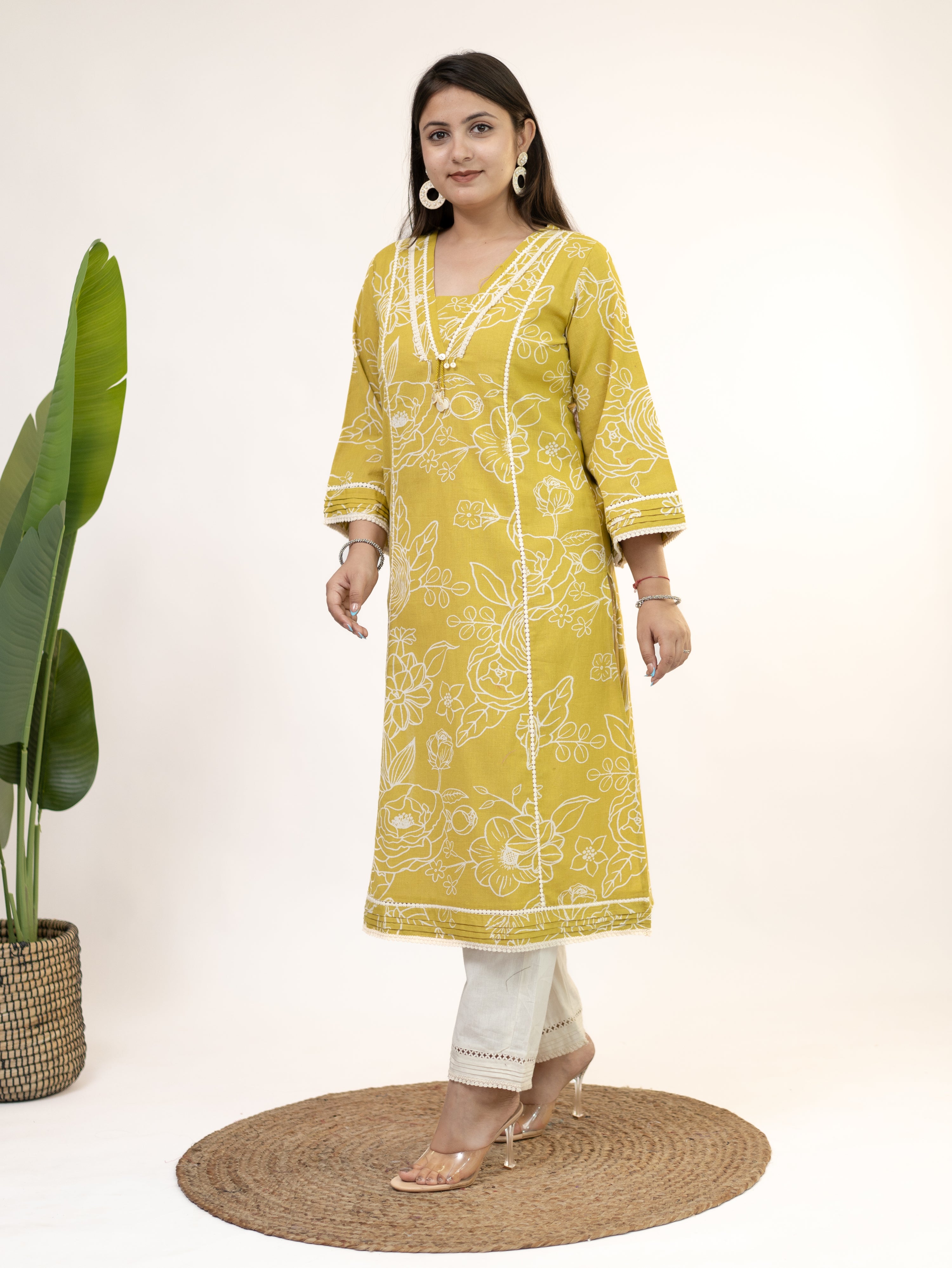 Inayat Yellow Cotton Lace Deatialed A-line Kurta Set