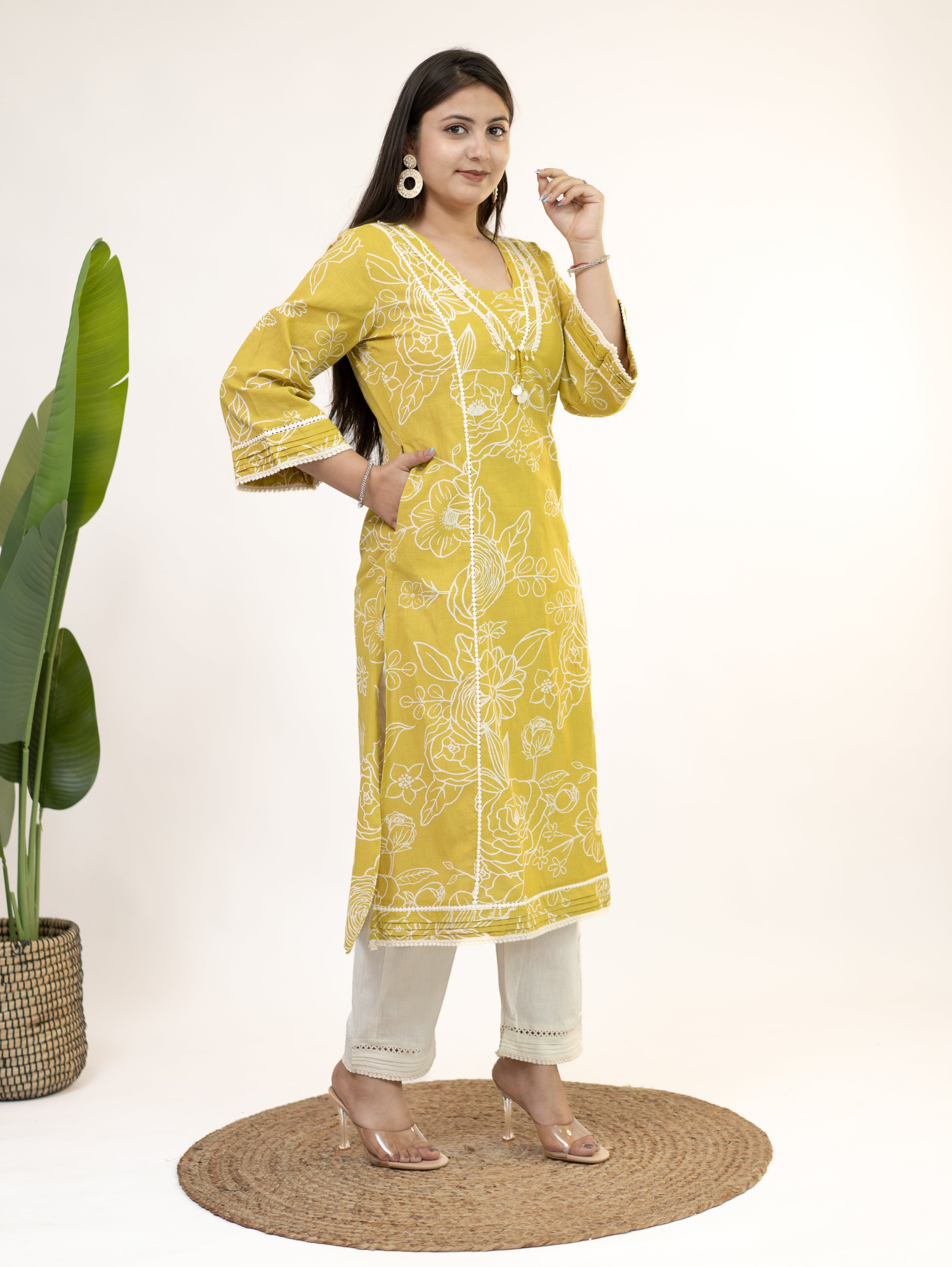 Inayat Yellow Cotton Lace Deatialed A-line Kurta Set